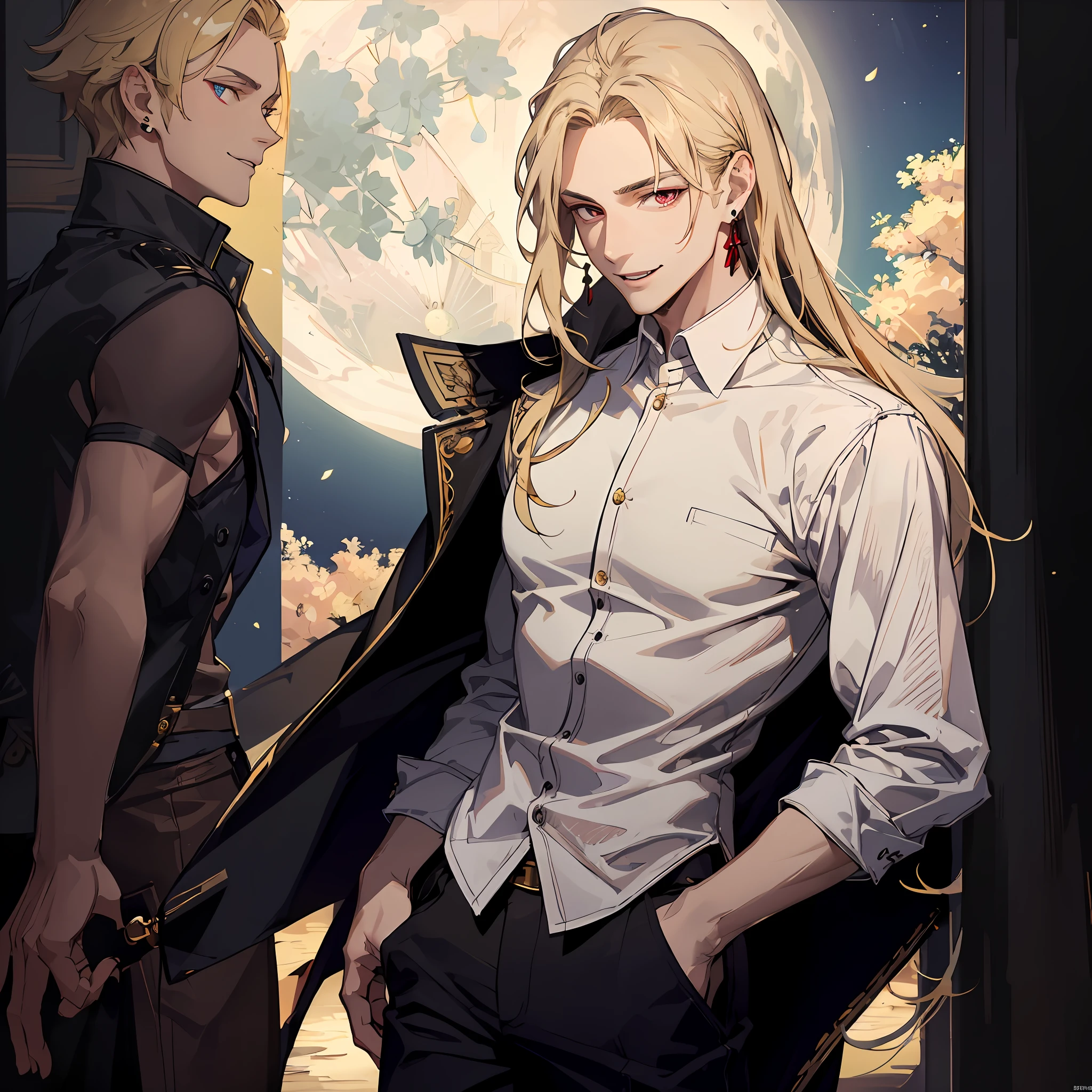 (absurdres, highres, ultra detailed), 1man, 30 years old man, adult man, handsome, tall,, finely detailed eyes and detailed face, brown leather pants, white shirt, night, smile, dutch angle, ((long hair, blonde hair)), moon, gold details, earrings, gothic, vampire, vampire prince, dark, simple clothes, looking at the view, pale skin, red detailed eyes, red eyes, smile, vampire fangs, (masculine), sexy, elegant