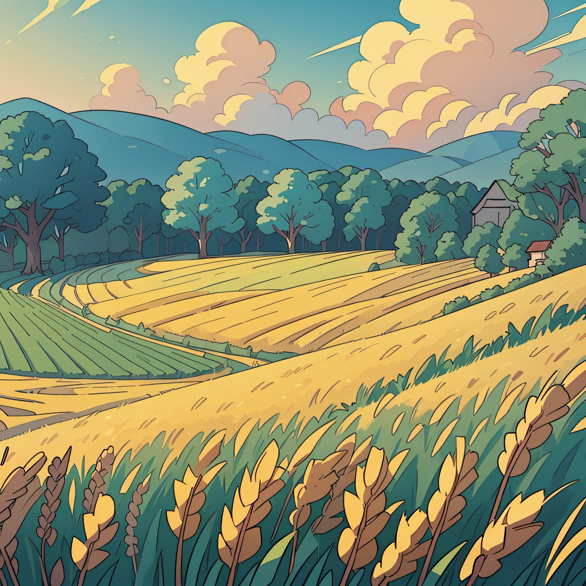 A peasant uncle with a straw hat stands in a wheat field, big clouds, blue sky, rice field, neat rice seedlings in the field, forest, hillside, secluded, countryside, HD detail, hyperdetail, cinematic, surrealism, soft light, deep field focus bokeh, ray tracing and surrealism. --v6