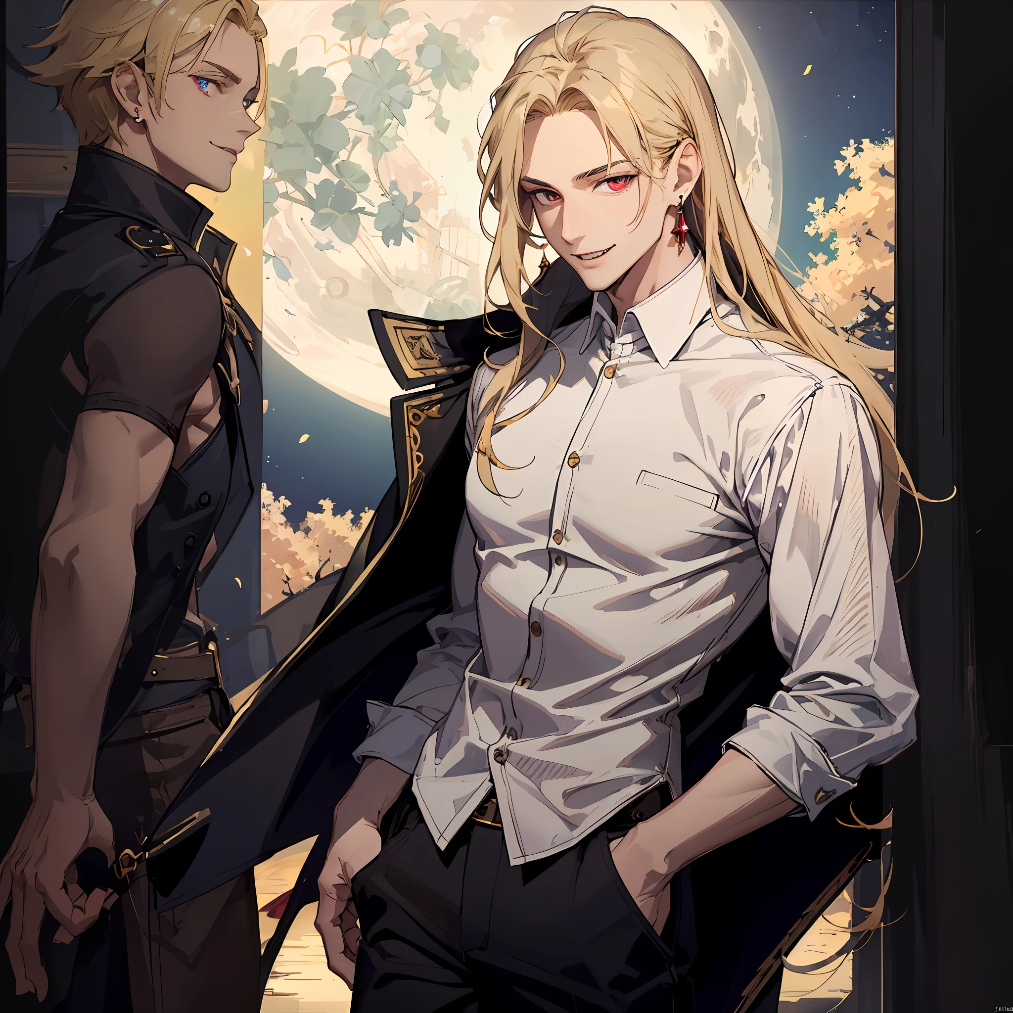 (absurdres, highres, ultra detailed), 1man, 30 years old man, adult man, handsome, tall,, finely detailed eyes and detailed face, brown leather pants, white shirt, night, smile, dutch angle, ((long hair, blonde hair)), moon, gold details, earrings, gothic, vampire, vampire prince, dark, simple clothes, looking at the view, pale skin, red detailed eyes, red eyes, smile, vampire fangs, (masculine), sexy, elegant