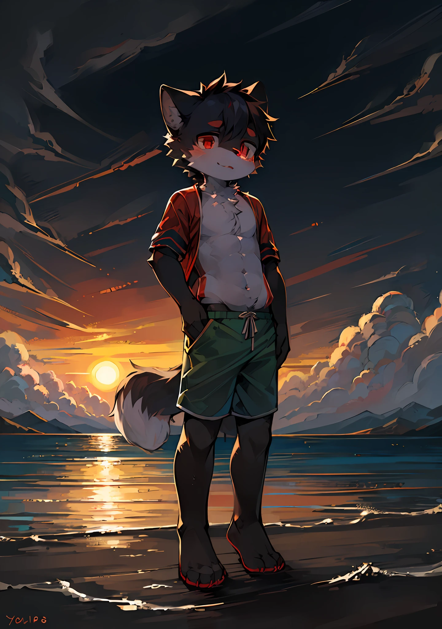 (Dark Environment: 0.8), Masterpiece, High Quality, Abstract Res, Digital Painting\(artwork\), by Dagasi, Yupa, Kiyosan, (Anthro, Fluffy Fur, Character Focus: 1.1), Anthro Male Cat, Short Hair, Portrait , bright eyes, panorama, character focus. (Background: 0.7), Solo, Furry, Hairy Male, Male Focus, Anthr, (Full Body Fur, Fluffy Tail, Black Fur, Red Eyes, Black Hair: 1.2), (Long Canids, Black Shiba Inu, Swimming Trunks: 1.2), (Outside, Afternoon, Seaside, Water: 1.1)