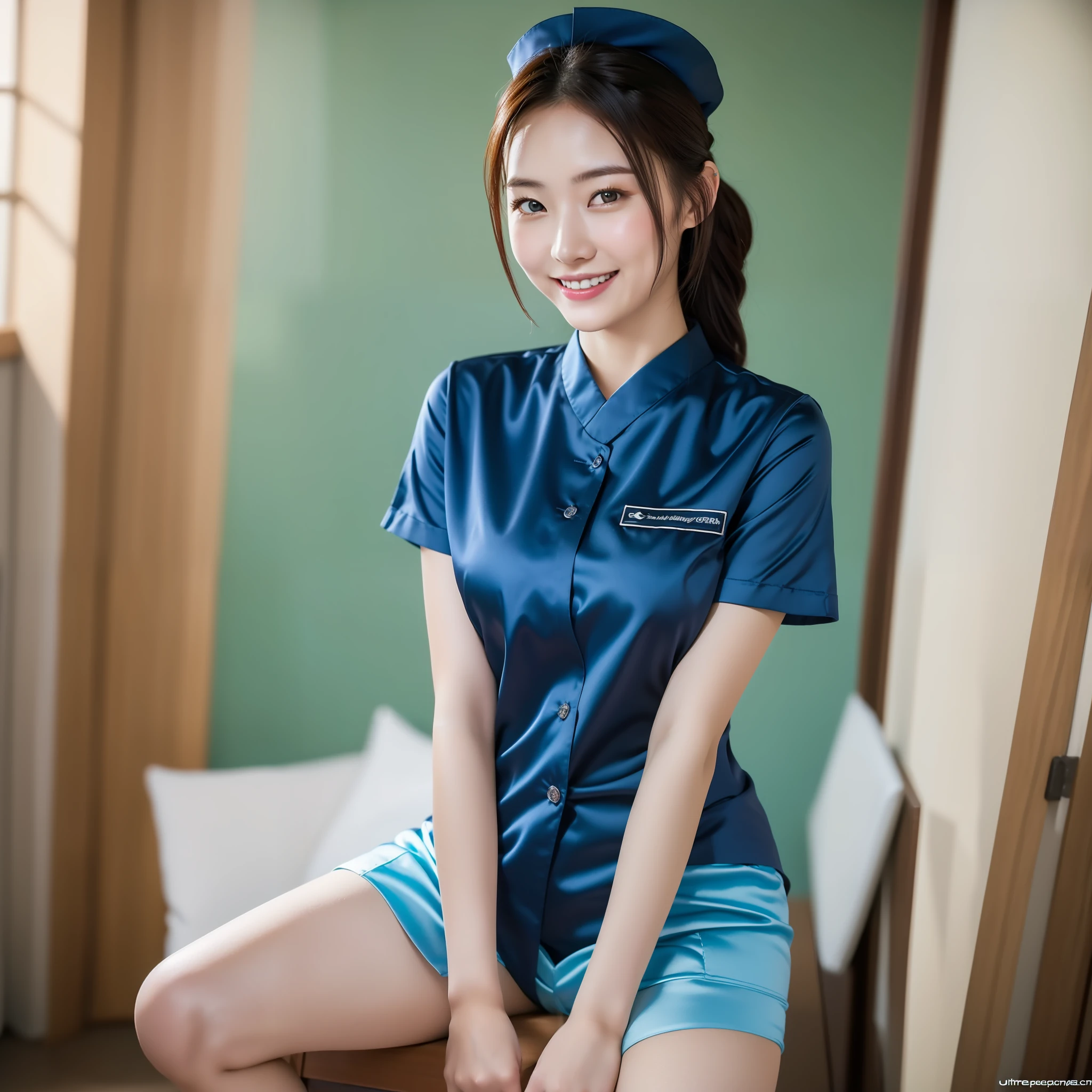 (extremely detailed CG unity 8k wallpaper, masterpiece, best quality, ultra-detailed), 19 year old Chinese woman, wearing tight blue silk nurse uniform, cute, smiling, sexy pose