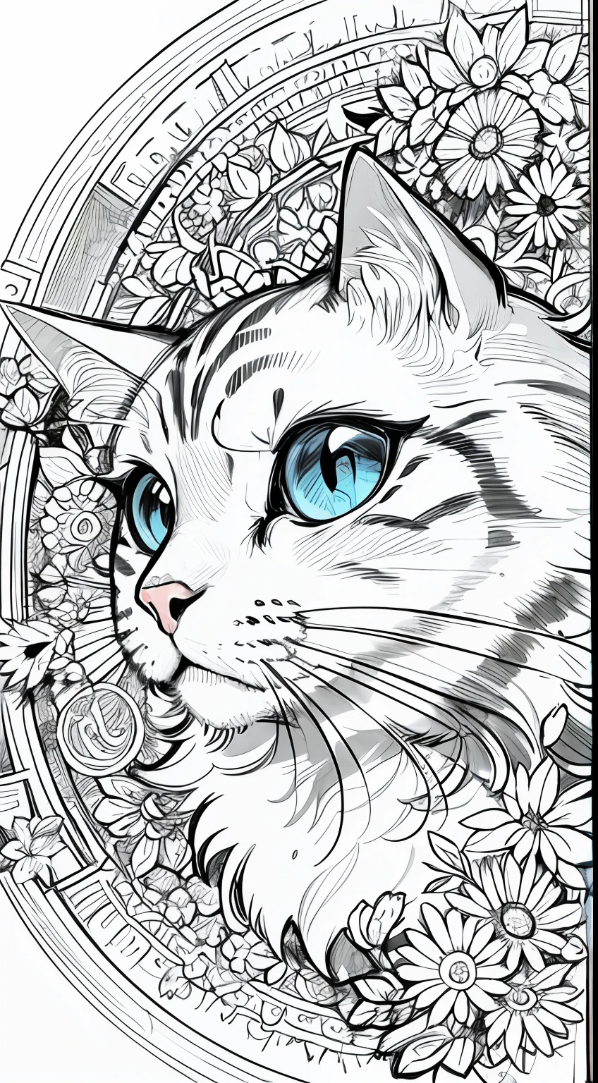 masterpiece, superlative, Birman cat mandala, mandala face, mandala body, flower line drawing background, white background, monochrome, line drawing, ((sketch))