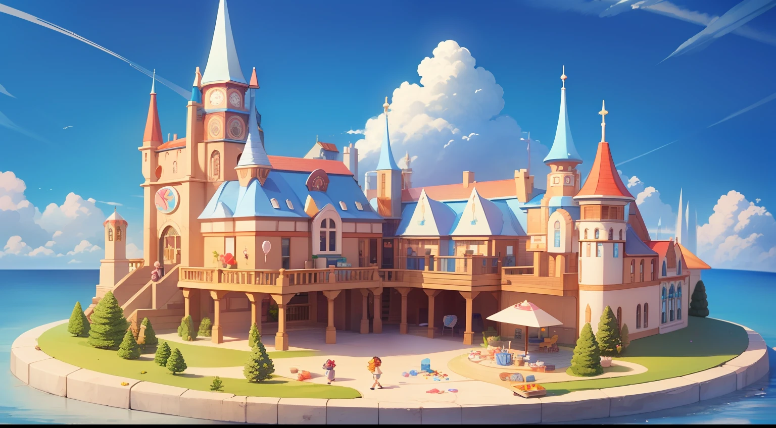 Cartoon-style game scene, blue sky and white clouds, childlike happy atmosphere, the whole picture is bright yellow as the main color, colorful colors, (ice cream), (candy), (fruit), ice cream made of the house, candy-like building, fairy tale world, ultra HD, master masterpiece, best quality, medium view, close up