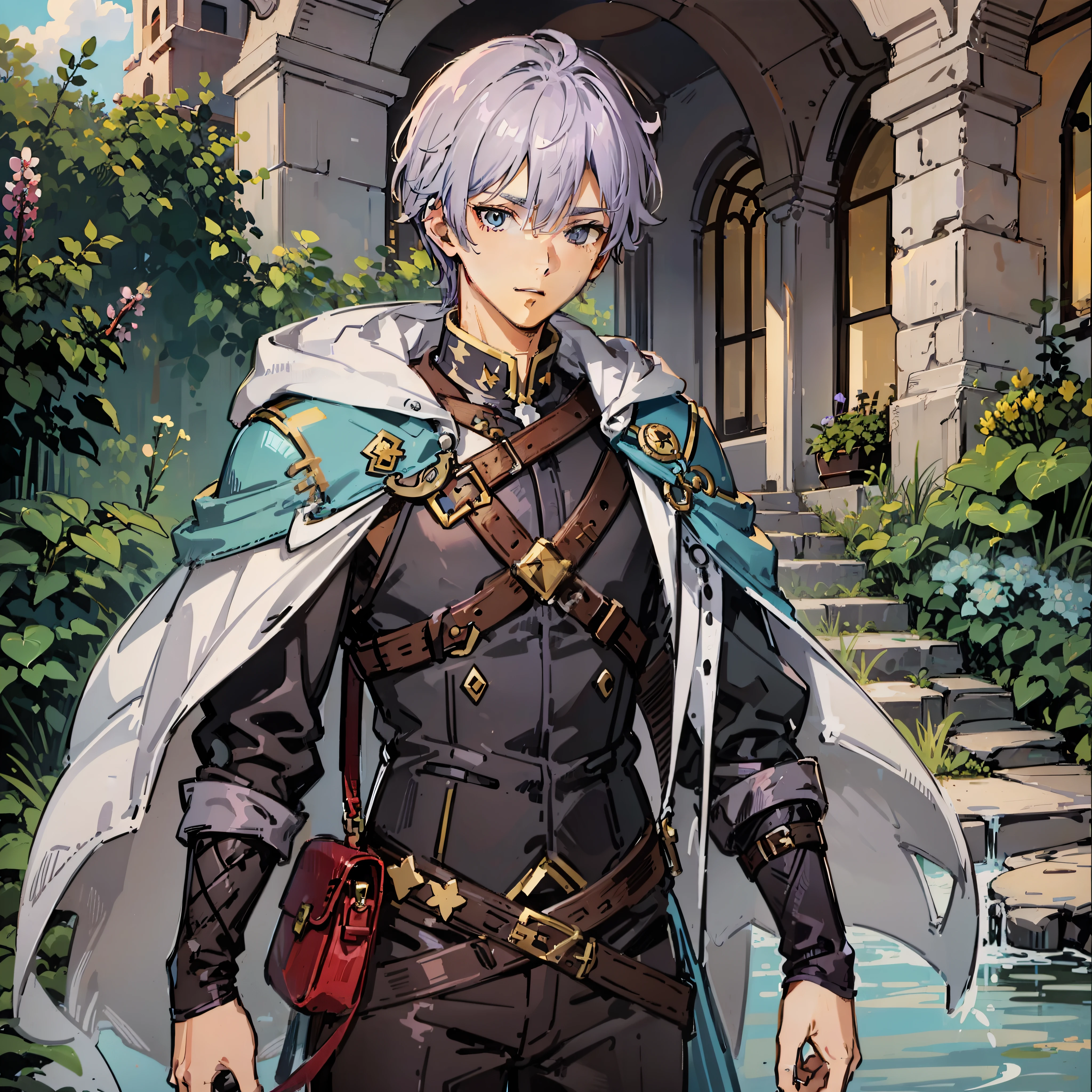A male teen with lilac-coloured hair, no beard. Has grey eyes. Wears an adventurer's outfit.