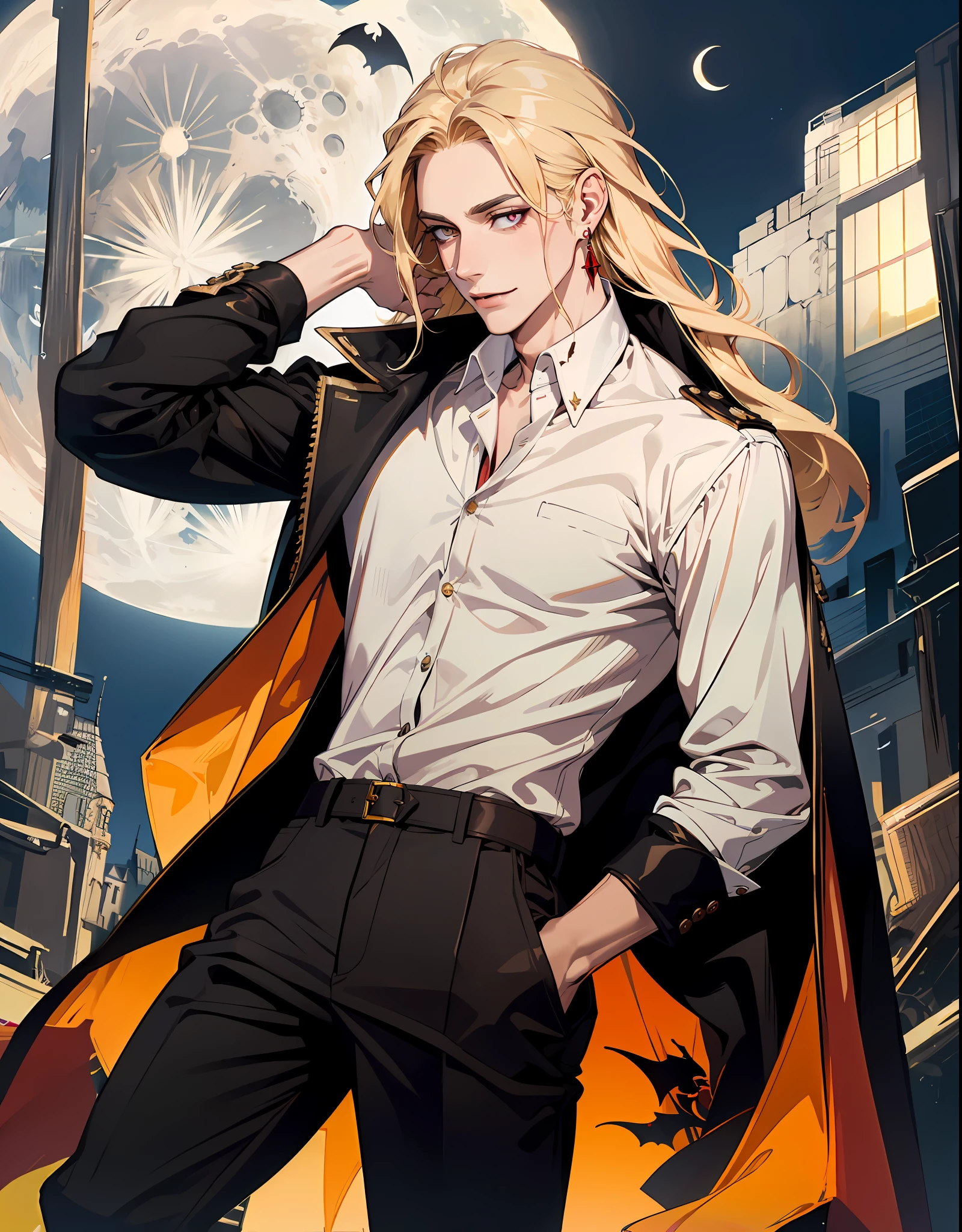 (absurdres, highres, ultra detailed), 1man, 30 years old man, adult man, handsome, tall,, finely detailed eyes and detailed face, brown leather pants, white shirt, night, smile, dutch angle, ((long hair, blonde hair)), moon, gold details, earrings, gothic, vampire, vampire prince, dark, simple clothes, looking at the view, pale skin, red detailed eyes, (masculine), sexy, elegant