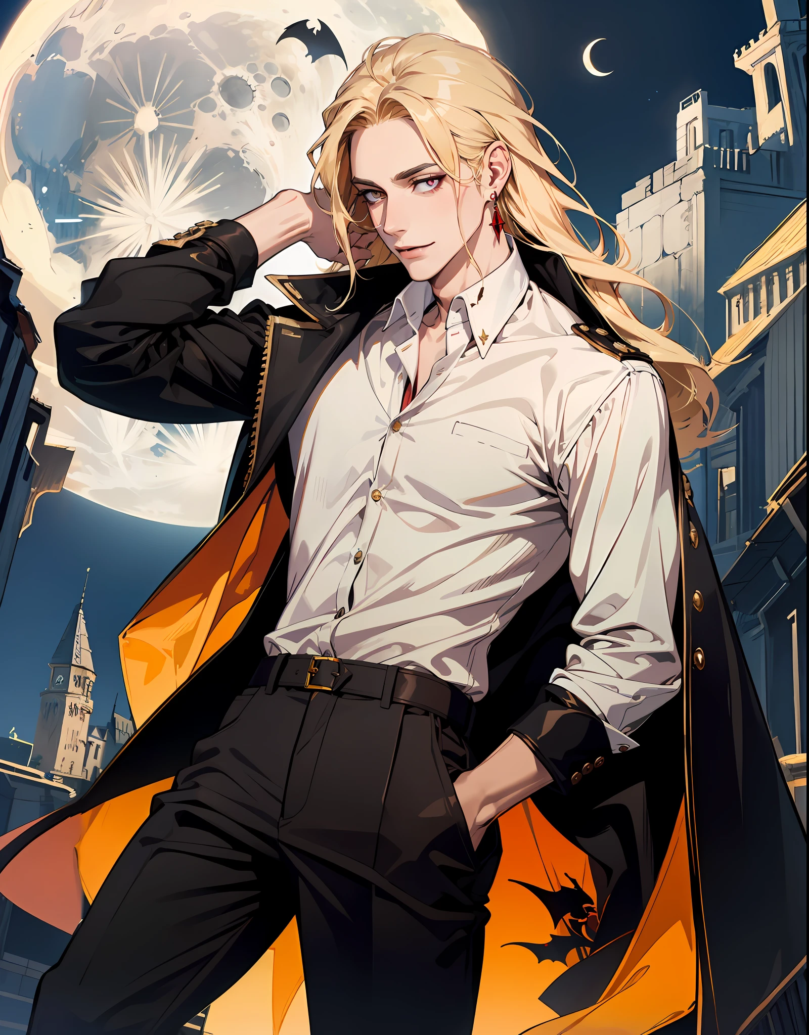 (absurdres, highres, ultra detailed), 1man, 30 years old man, adult man, handsome, tall,, finely detailed eyes and detailed face, brown leather pants, white shirt, night, smile, dutch angle, ((long hair, blonde hair)), moon, gold details, earrings, gothic, vampire, vampire prince, dark, simple clothes, looking at the view, pale skin, red detailed eyes, (masculine), sexy, elegant