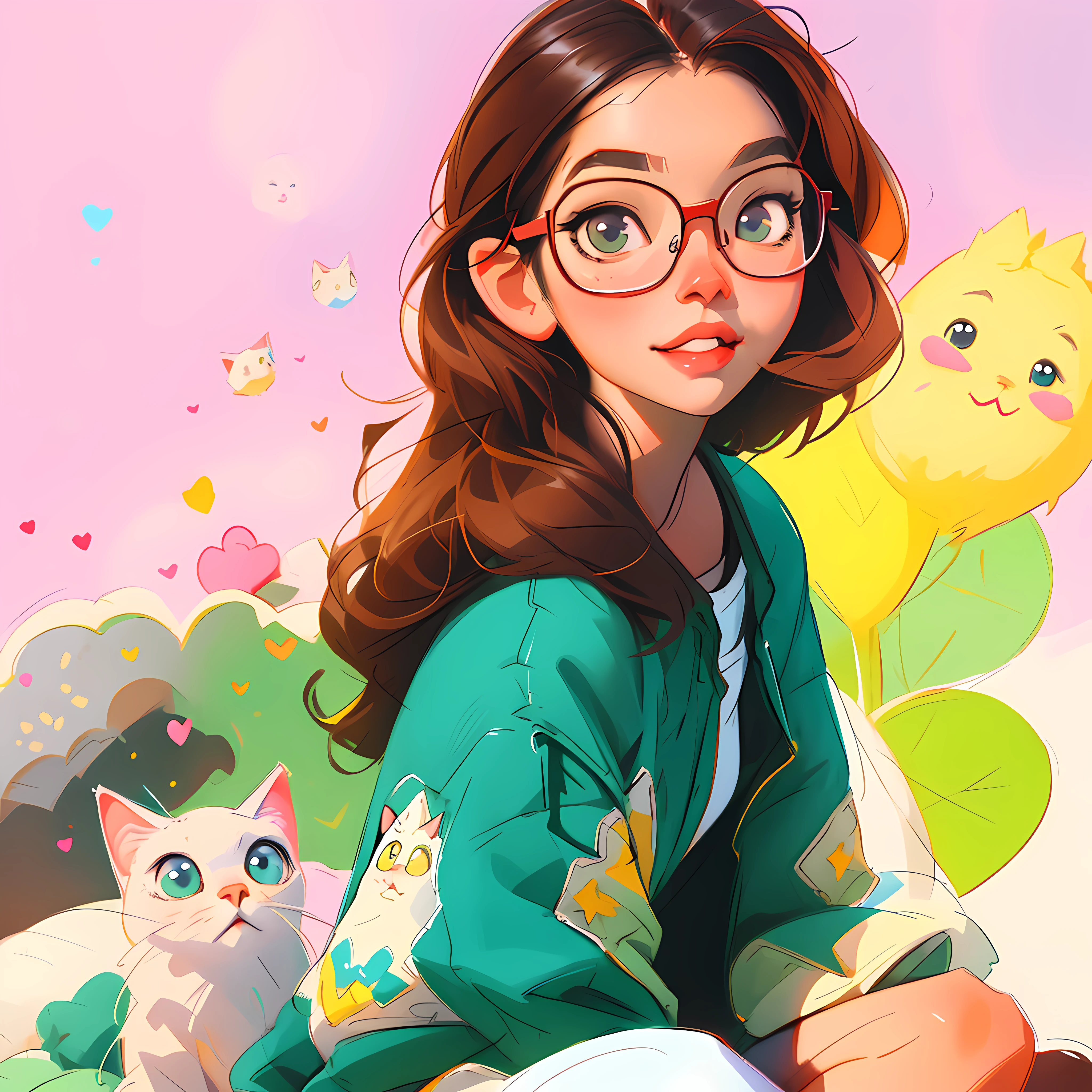 there is a girl sitting on a bed with a cat and a bird, kawaii realistic portrait, cute art style, cute digital art, artgerm and atey ghailan, very beautiful cute catgirl, cute detailed digital art, digital anime illustration, realistic cute girl painting, adorable digital painting, with glasses, girl with glasses, cute portrait, high quality fanart