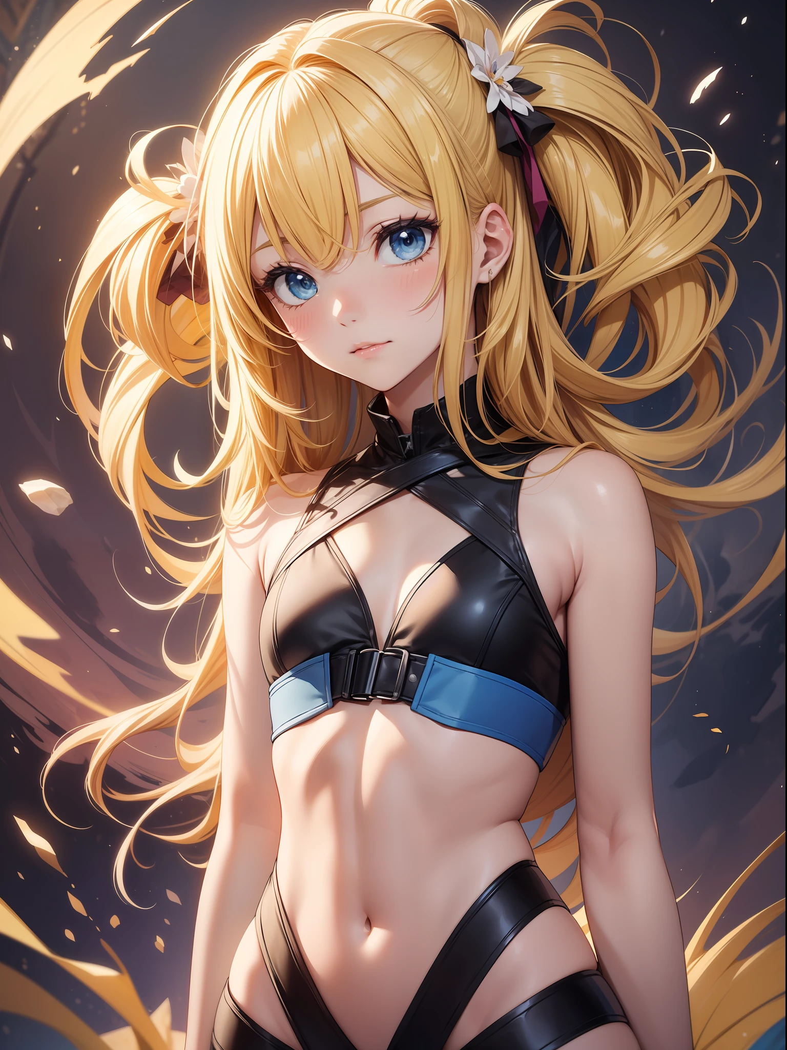 Article, super detail, masterpiece, top quality, break, official art, (beautiful and aesthetic: 1.2), (watercolor: mid), break, beautiful girl, (cute: 1.3), 18 years old, break, colorful hair, (yellow and golden hair: 1.2), (fractal art 1.3), break, sexy, break, blue track and fielder, shiny skin, break, blue eyes, break, blush, break, li, small, break, type C, break, beautiful like, break, upper body, , break,