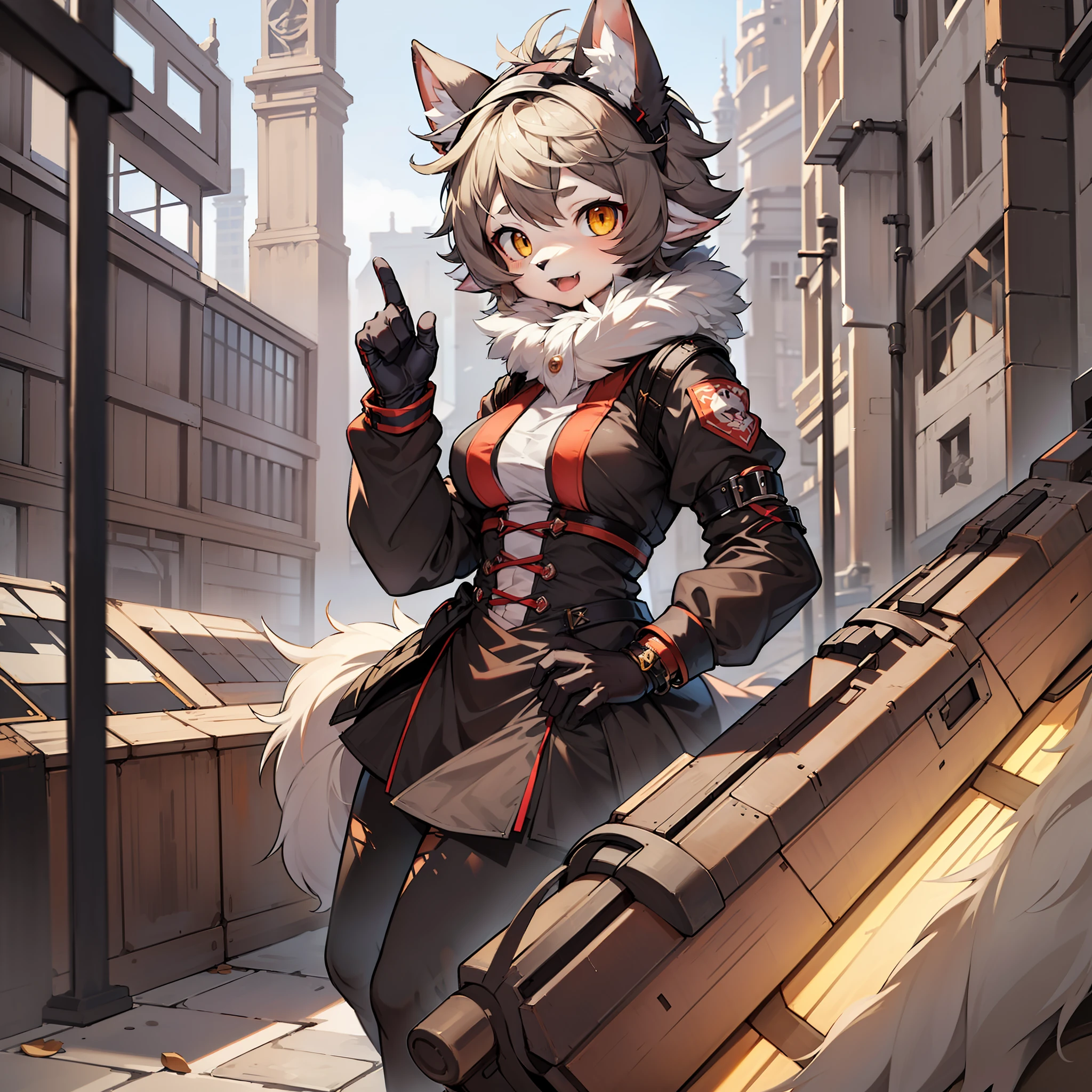 (1 girl :1.5) , in clothes like 2B, mechanized large steel arms, (fluffy furry: 1.8), yellow bright eyes, very detailed, perfect quality, fur at the hem of the skirt, (shepherd dog: 1.5)