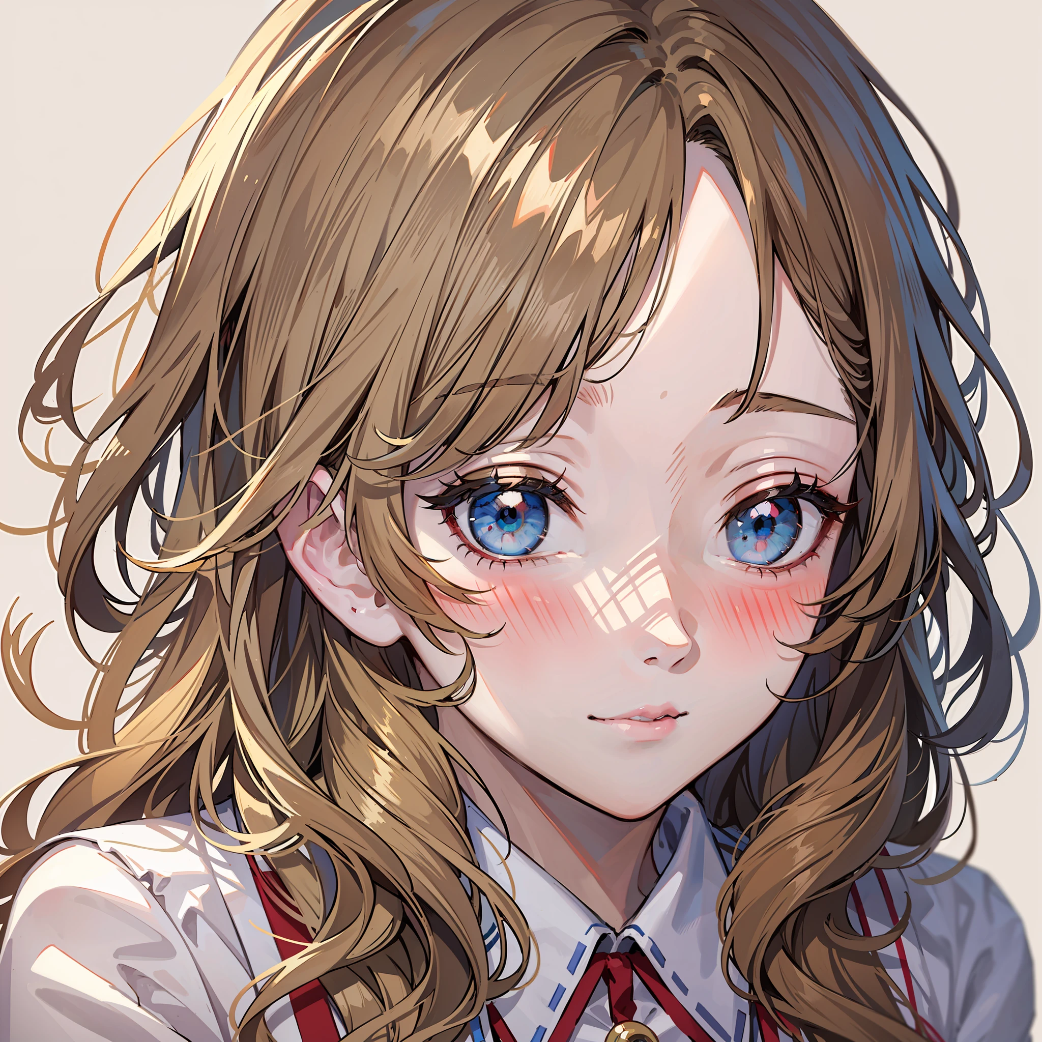 1 girl,Portrait of a woman,Korean face,Asian face,cute, blushing cheeks, beautiful anime eyes,realistic anime,best quality,close up face, wavy of beige hair,white of flat background