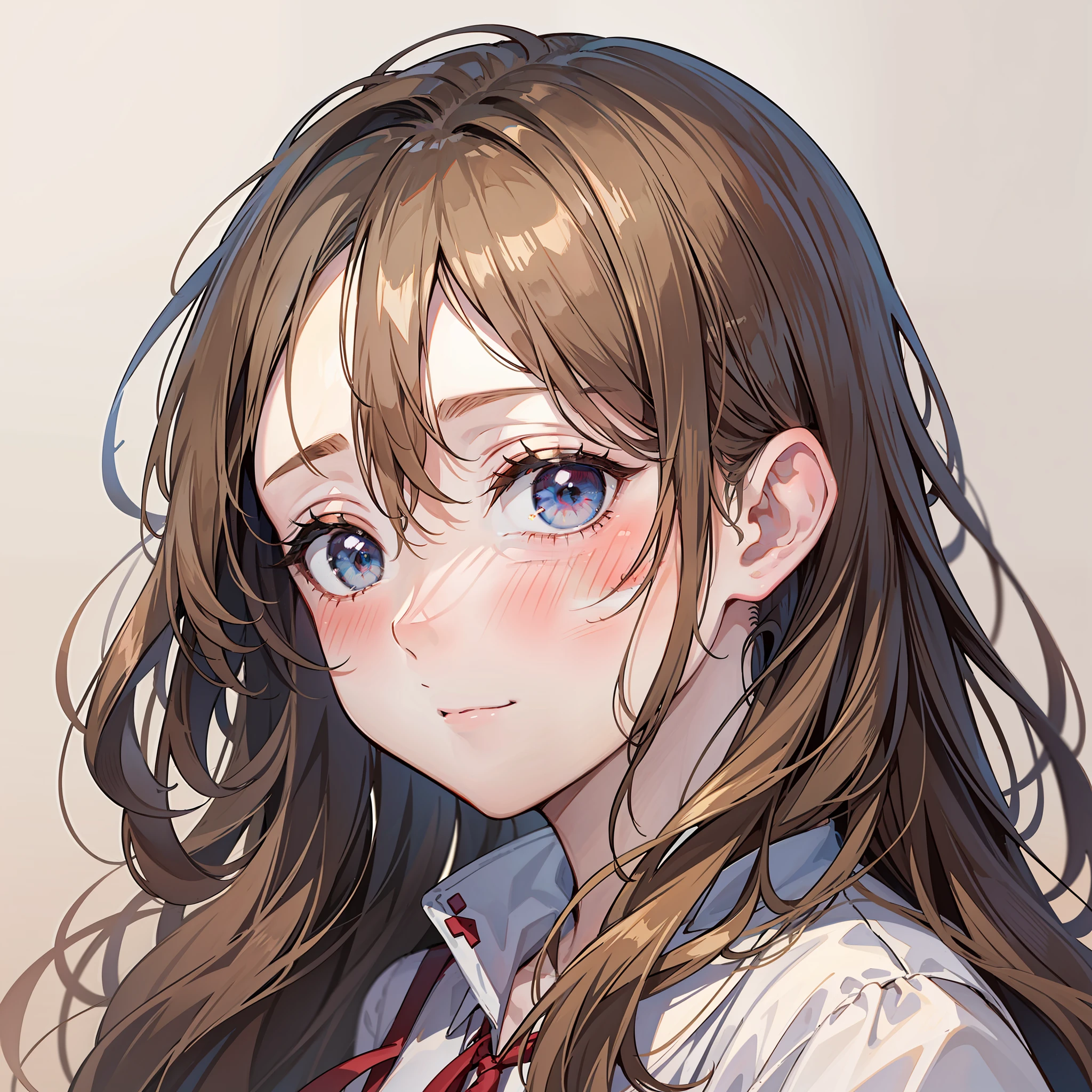 1 girl,Portrait of a woman,Korean face,Asian face,cute, blushing cheeks, beautiful anime eyes,realistic anime,best quality,close up face, wavy of beige hair,white of flat background