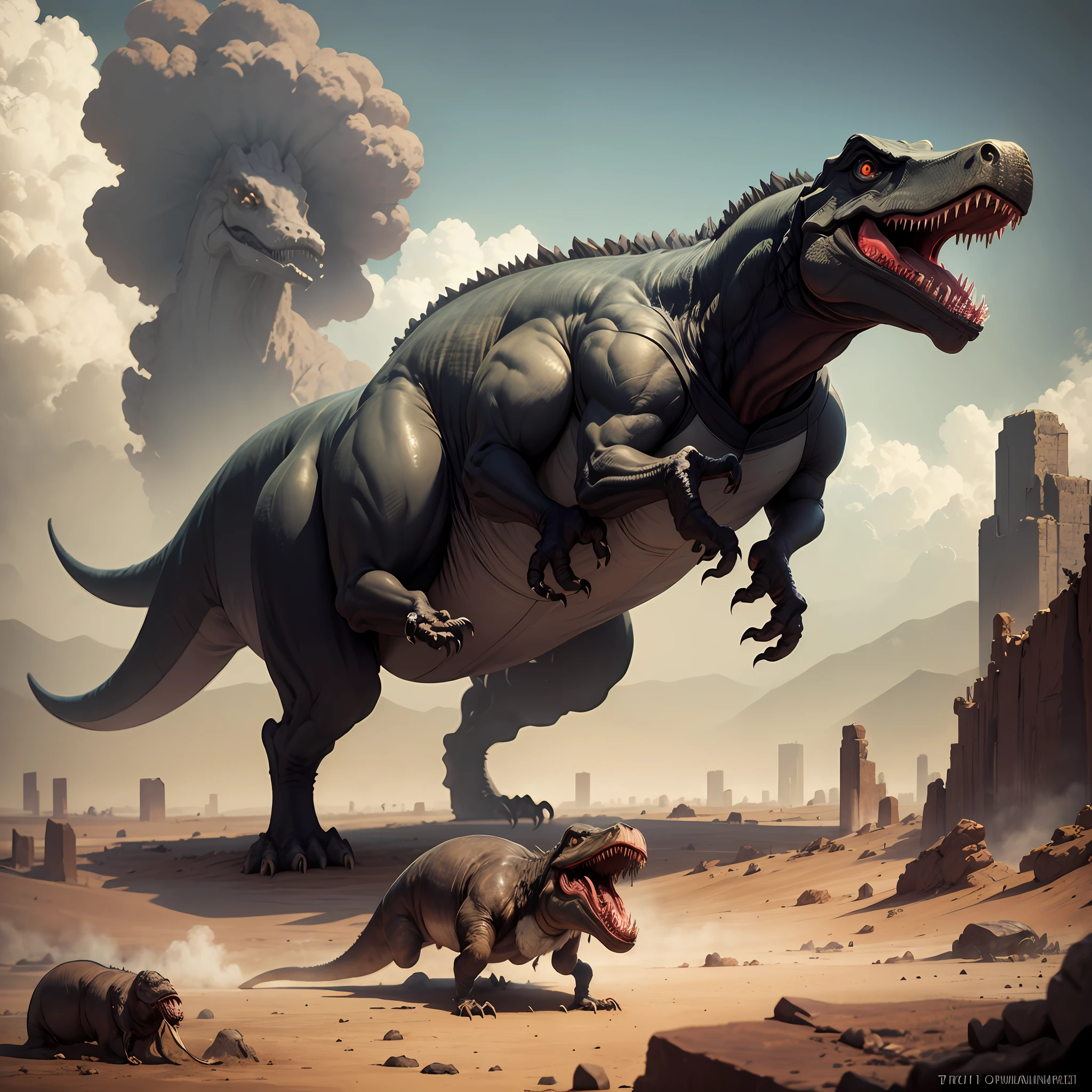 An apocalyptic landscape with a war veteran shooting a Tyrannosaurus Rex. --auto