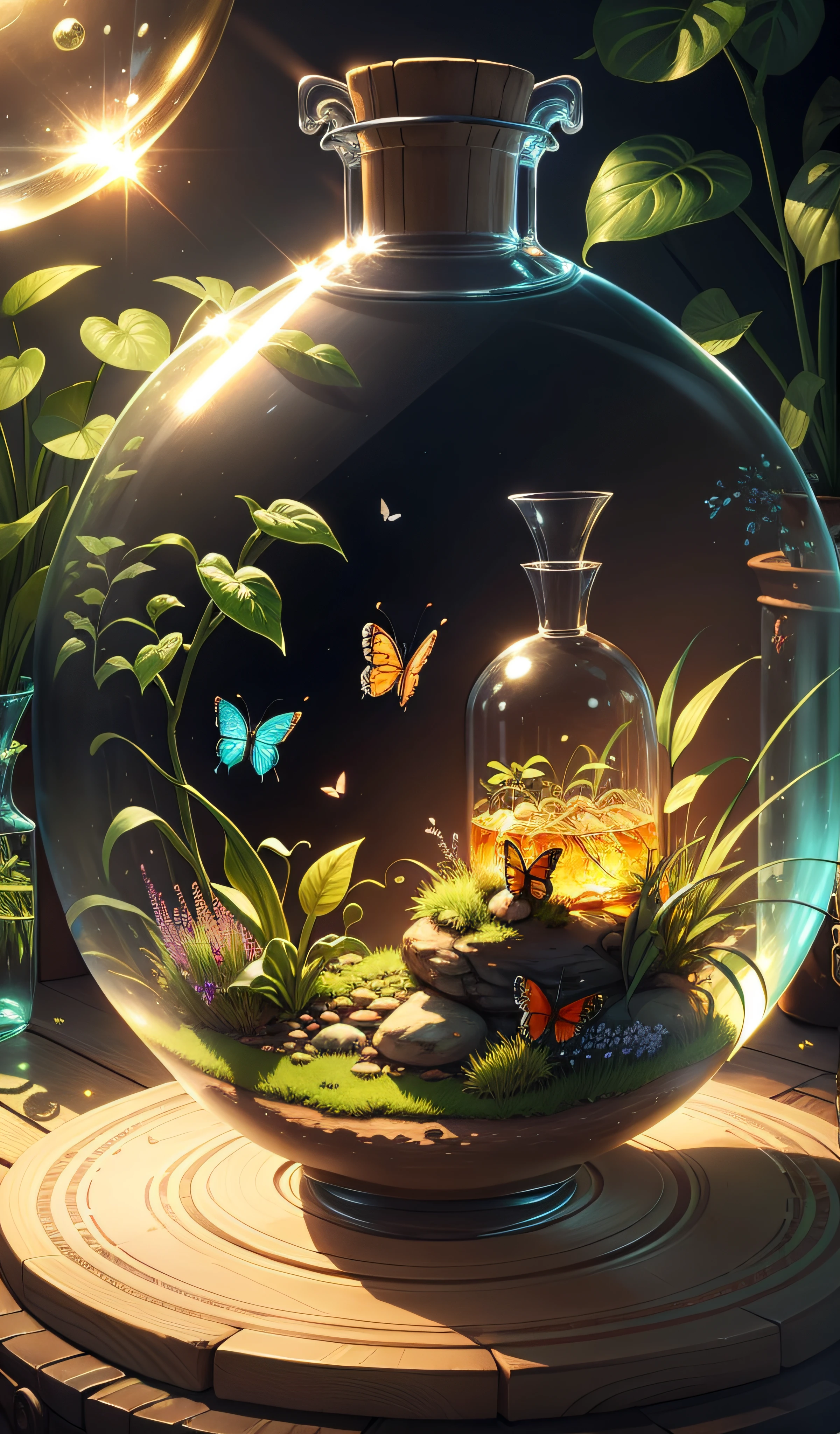 (masterpiece, best quality:1.2), (ultra detailed),(illustration), wallpaper, original, Round-bottom flask, grass, vine, water, butterfly, nature, shining, surrounded by light, Terrarium, RPG style, cartoony, fantasy, mobile game,(shining)