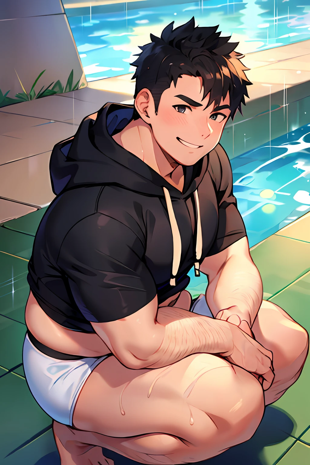 1 man, masterpiece top quality, chubby, belly, round face, shirtless, only black big hoodie, squatting, rain, white small swimsuit, poolside, gachimuchi, (erection: 1.8), scheming smile, 30 years old,