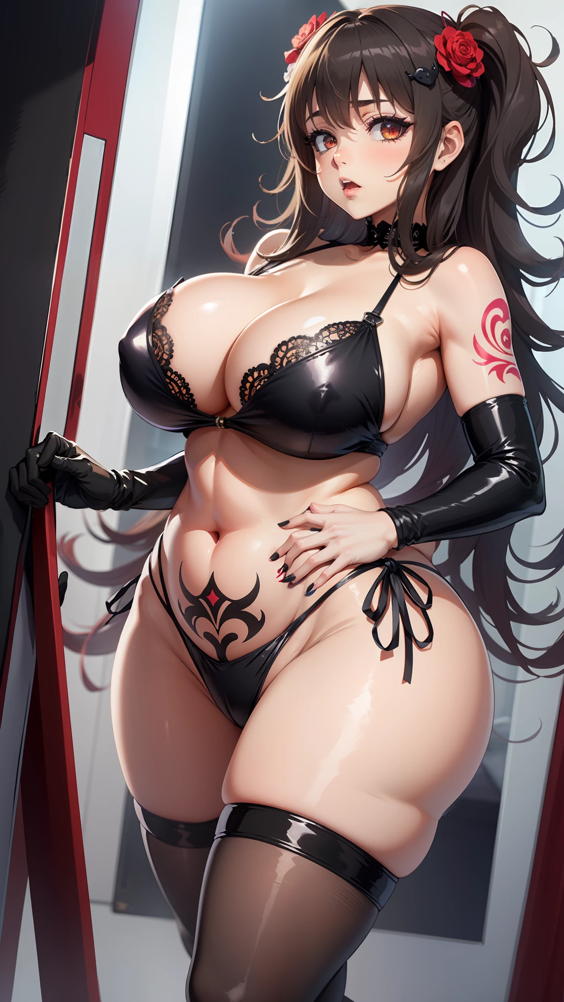 masterpiece, bikini, masterpiece, best quality, extremely plump body, sexy babe, big breasts , high gloss, dark characters, watercolor theme, (see audience: 1.1), wide hips, big ass, standing, curved, black hair, succubus hair ornament, lace gloves , belly tattoo, desire tattoo , women over 30 years old, disgusted eyes, nipple patches