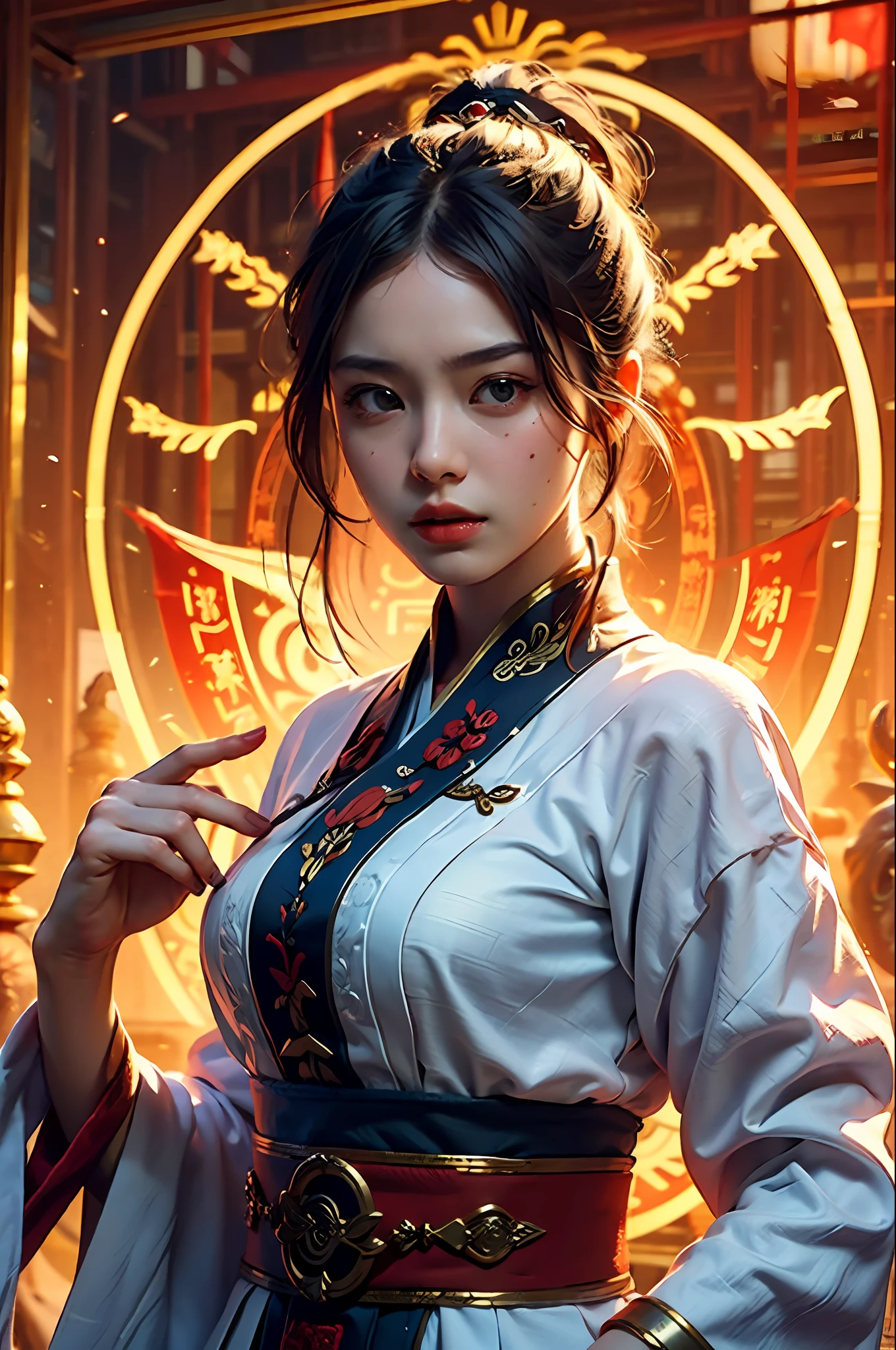 Best Quality, Masterpiece, Ultra High Resolution, (Realistic: 1.4), Xiuxian, Weapon, Detail Face, 1 Girl, Solo, Weapon, (Magic Circle: 1.2), Xiuxian, Upper Body, Young Woman, Full Body, East Asian Architecture, Sheath, Building,