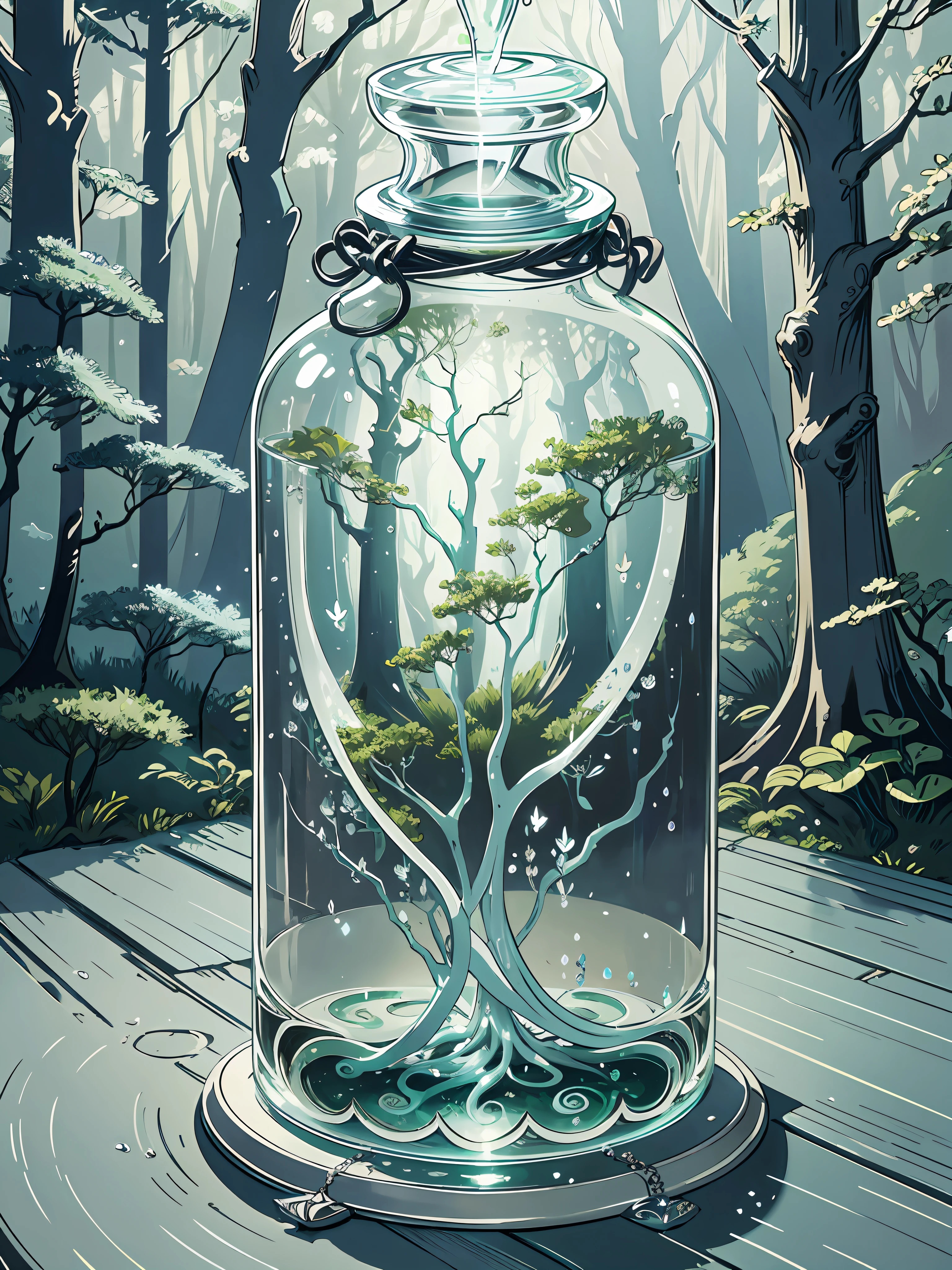 Design a perfume bottle inspired by a misty forest. Keywords: Enchanting, ethereal, mystical, nature, tranquility. Aesthetic: The design should capture the magical essence of a misty forest. Incorporate elements such as swirling mists, delicate foliage, and ethereal lighting. The bottle should have a sleek and modern silhouette, with smooth curves and a translucent appearance to evoke a sense of mystery. Consider adding subtle texture and shimmering accents to enhance the enchanted forest theme. Color Palette: Use a palette of soft and cool tones, including shades of green, blue, and gray, to mimic the misty atmosphere of the forest. Add hints of silver or iridescent hues to represent the magical elements. --auto --s2