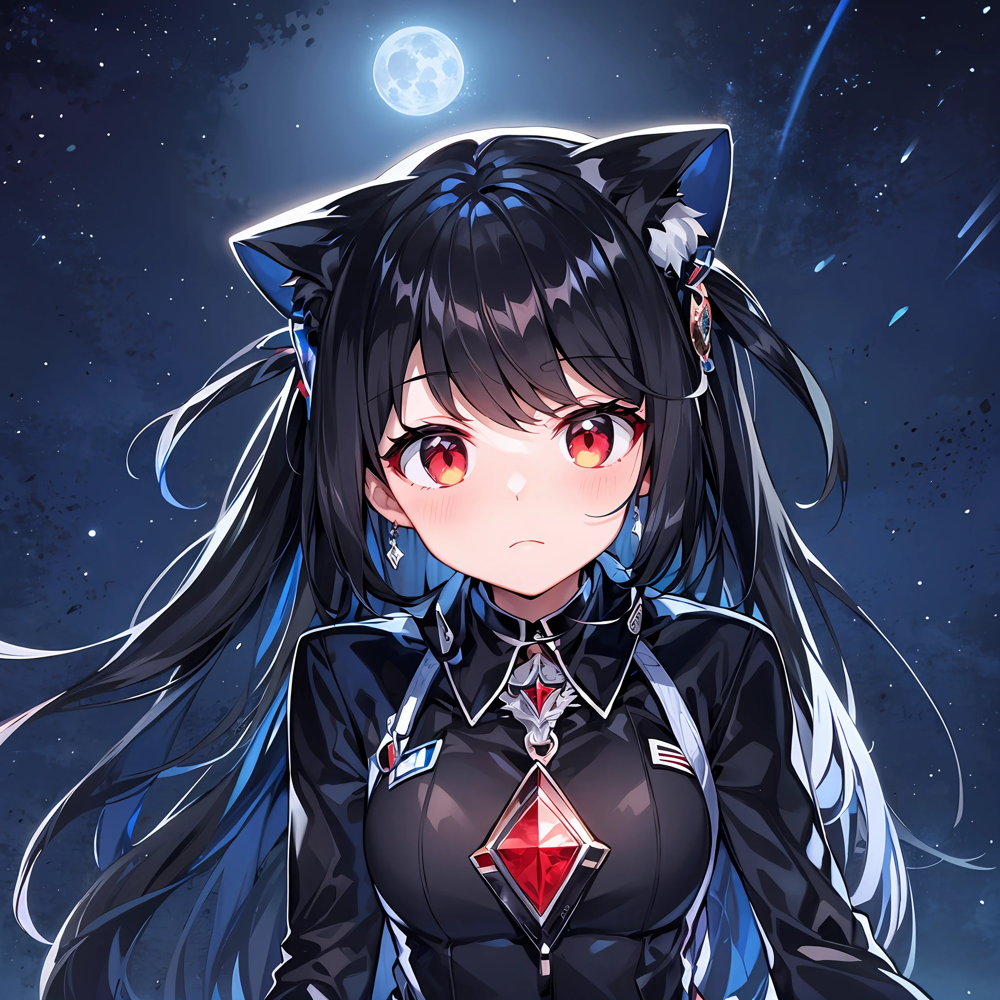 black hair, space backdrop, big moon, red eyes,
