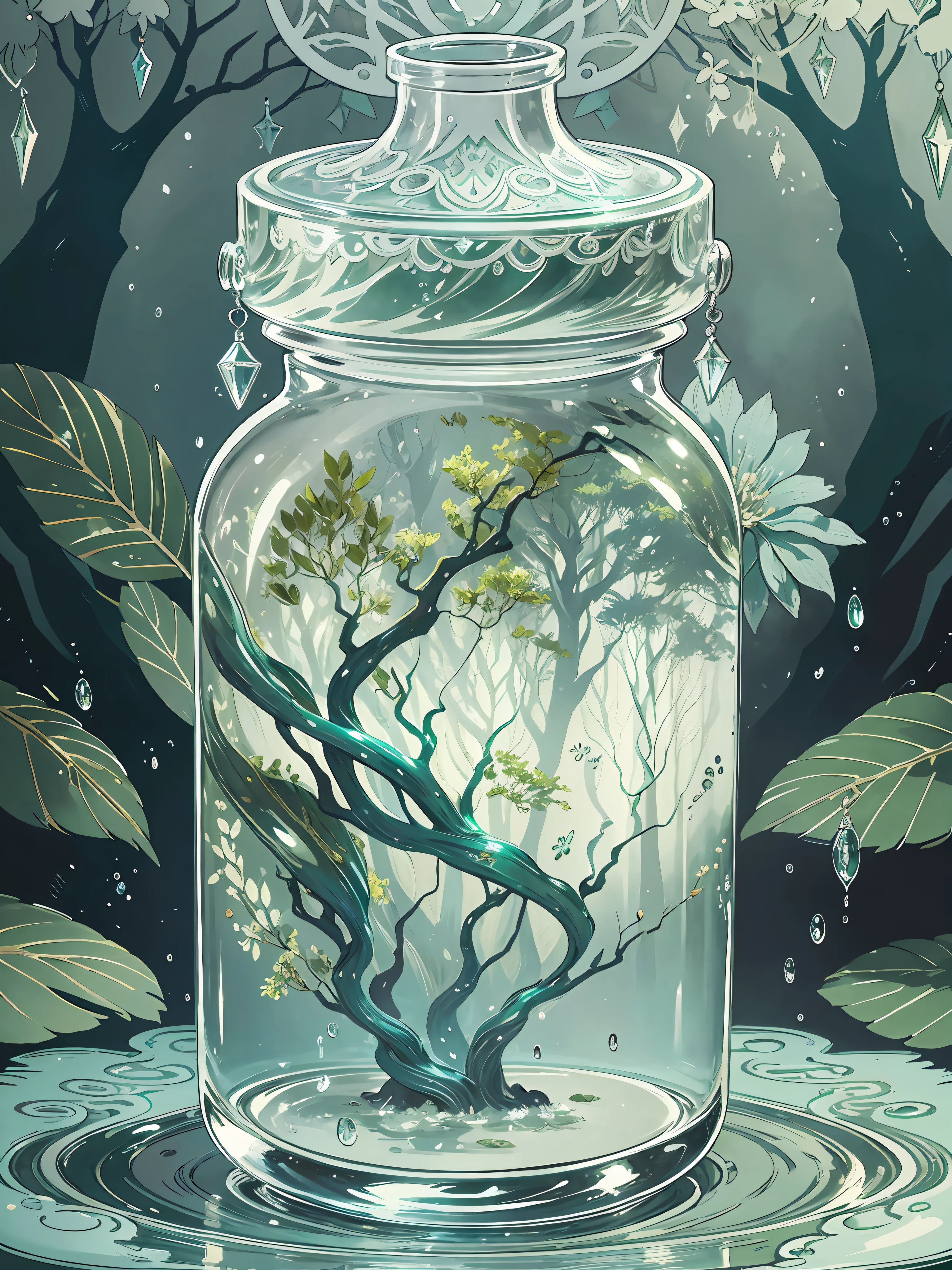 Design a perfume bottle inspired by a misty forest. Keywords: Enchanting, ethereal, mystical, nature, tranquility. Aesthetic: The design should capture the magical essence of a misty forest. Incorporate elements such as swirling mists, delicate foliage, and ethereal lighting. The bottle should have a sleek and modern silhouette, with smooth curves and a translucent appearance to evoke a sense of mystery. Consider adding subtle texture and shimmering accents to enhance the enchanted forest theme. Color Palette: Use a palette of soft and cool tones, including shades of green, blue, and gray, to mimic the misty atmosphere of the forest. Add hints of silver or iridescent hues to represent the magical elements. --auto --s2