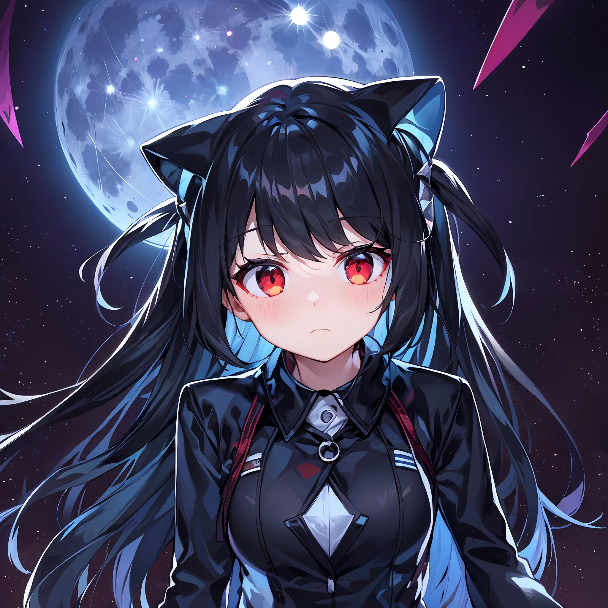 Black hair, big moon, red eyes, space backdrop, sad face, black school uniform