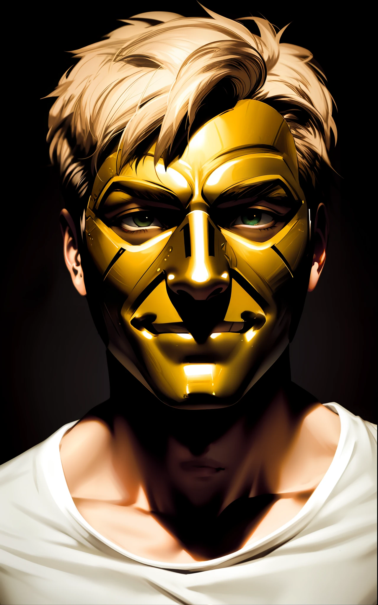 "Develop an image of a theatrical mask, with a smiling and striking appearance. The mask should be inspired by the characteristics of the character Nero, portraying the essence of his role. Explore vibrant, expressive tones, allowing the mask to convey an enigmatic and intriguing feel. Focus on details that outline the features of the smile, but avoid adding any type of text or name to the mask. Let the facial expression be the focal point of the image, capturing the mysterious and endearing personality of the character Nero."