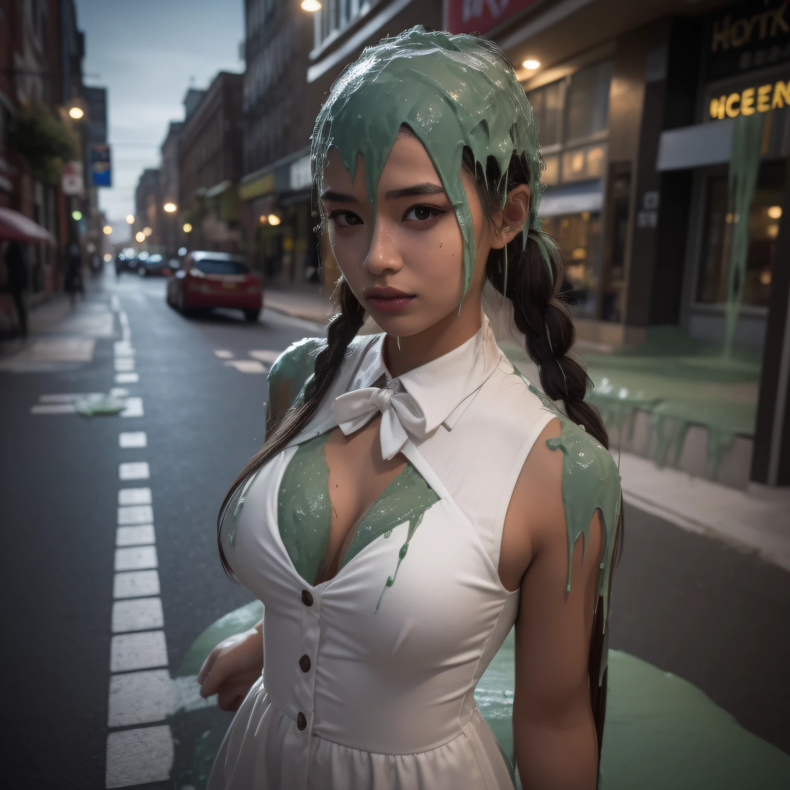 8k, HD, masterpiece, photo-realistic, extreme texture, 25-year-old Japanese model, 1 girl, Catholic school uniform, cleavage, city streets, lens flairs, portrait photography, full body, eyes locked with camera, long eyelashes, thick eyeliner, heavy makeup, braided pigtails, (sludge dripping down outfit: 1.5), (thick sludge dripping down clothes: 1.4)