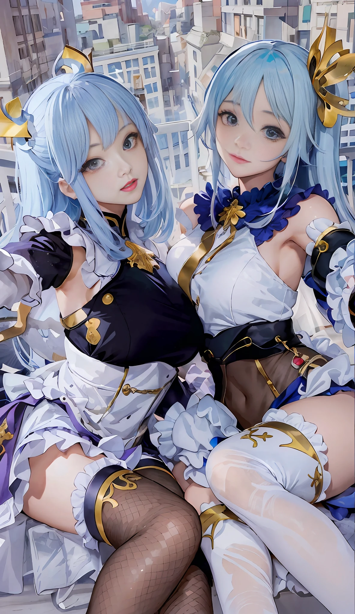 Girl with blue hair and white dress sitting on bench, high detail official artwork, official artwork, epic light novel art cover, detailed anime artwork, WLOP and Sakimichan, light novel cover art, art book artwork, rem rezero, two beautiful girls