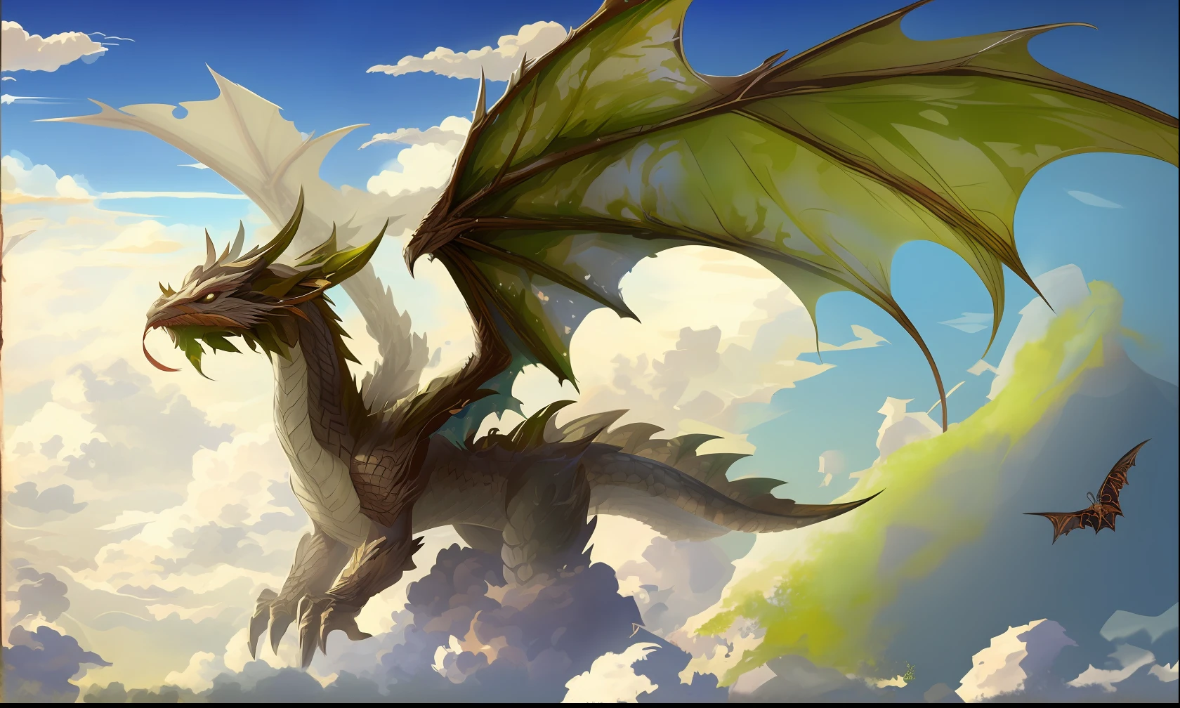dragon with bark skin and wings covered with leaves,