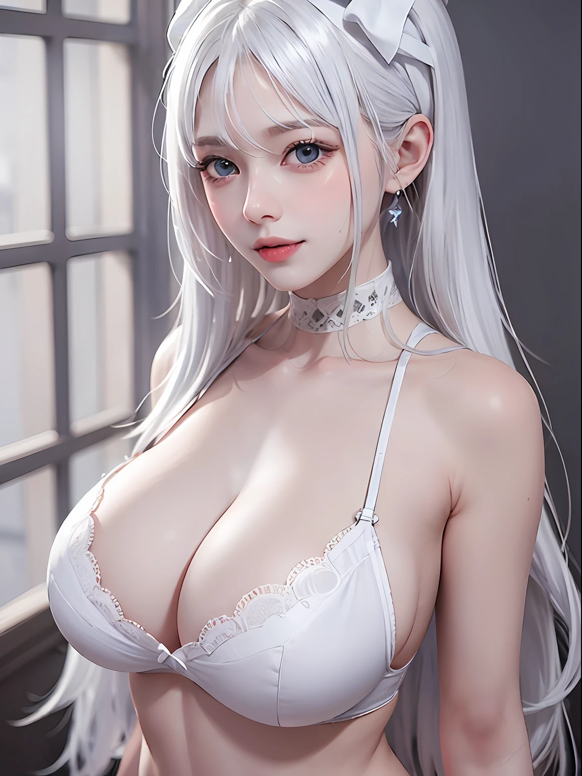 white hair, hair bobbles, long eyelashes, solid circle eyes, light smile, multiple hair bows, navel, realism, drop shadow, dutch angle, 8k, super detail, ccurate, best quality, (white theme:1.4), huge boobs, cleavage, micro bra