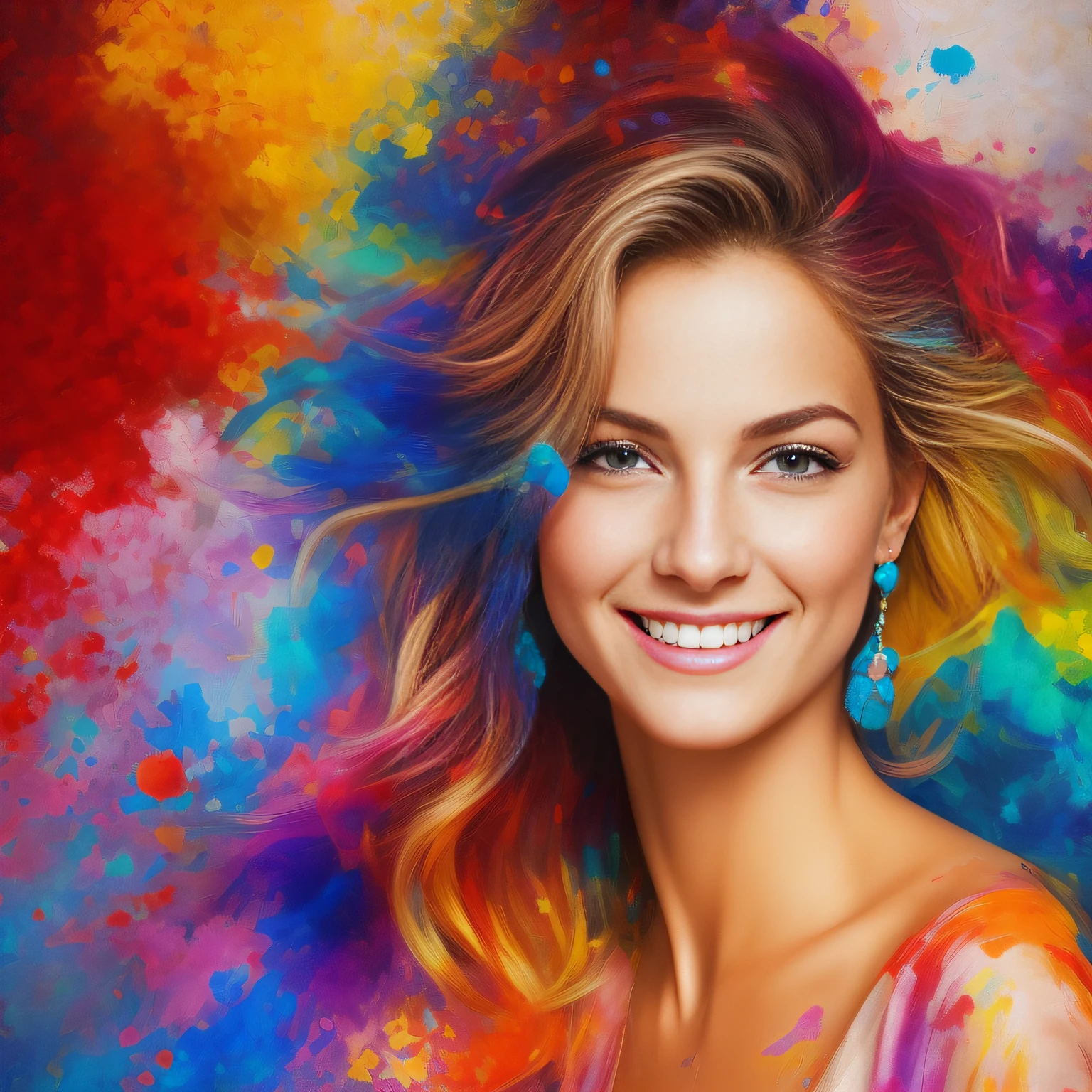 Paint a smiling blonde strolling in the mall, shops in the background. Painting on canvas. The image should show radiant beauty and convey an aura of serenity and introspection. Painting with cinematic quality, colorful, with vibrant and well-defined colors, exceptional colors in 8K, highlighting every detail, revealing the perfection of the character's facial expression.