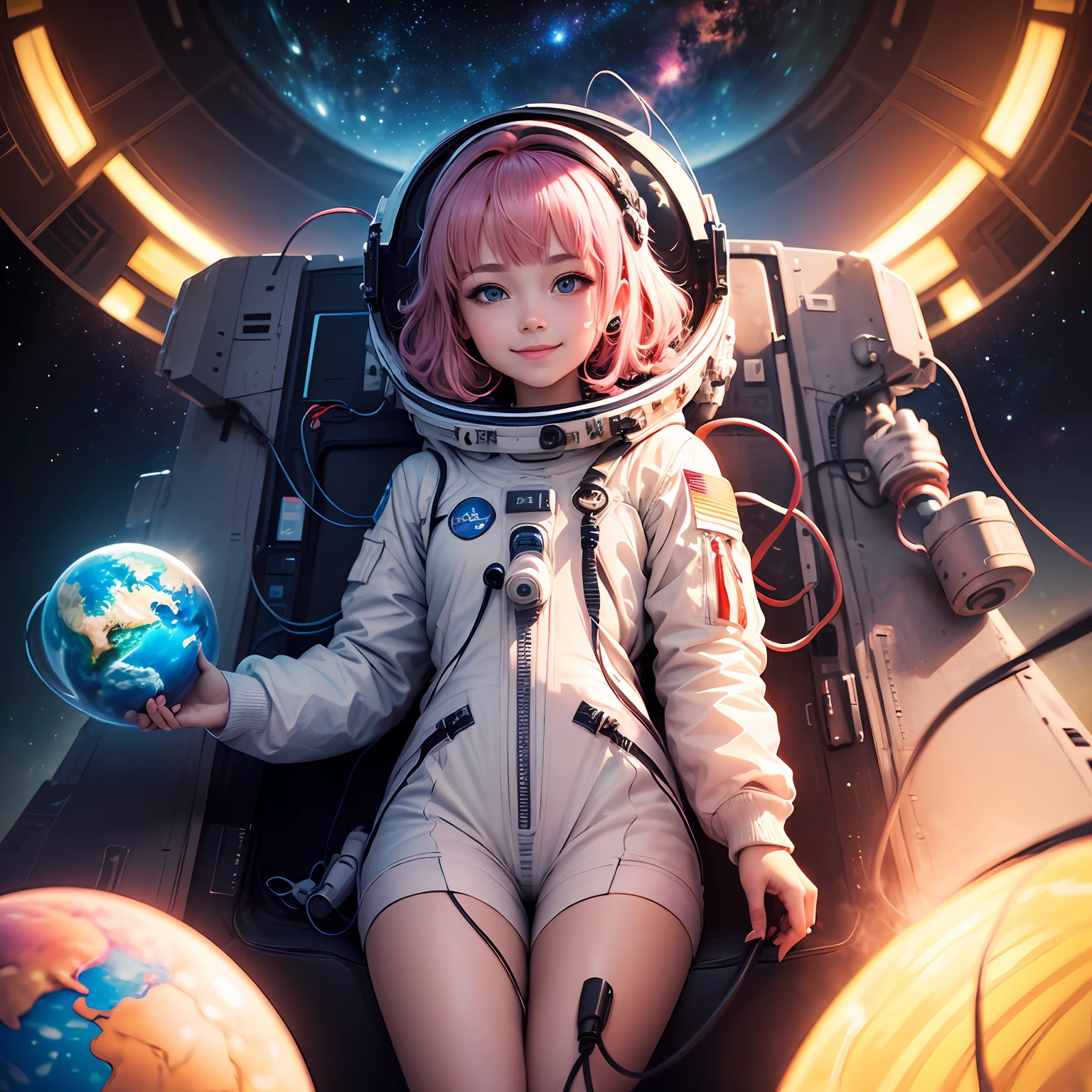 (((masterpiece))), (((best quality))), (((extremely detailed))), illustration, solo, 1 girl, smile, (loli), pink hair, blue eyes, shiny star ball, pastel color, pastel color star, ((chromatic aberration abuse)), detailed background, (a lot of cables), spaceship, earth, space ship, spacesuit, astronaut --auto