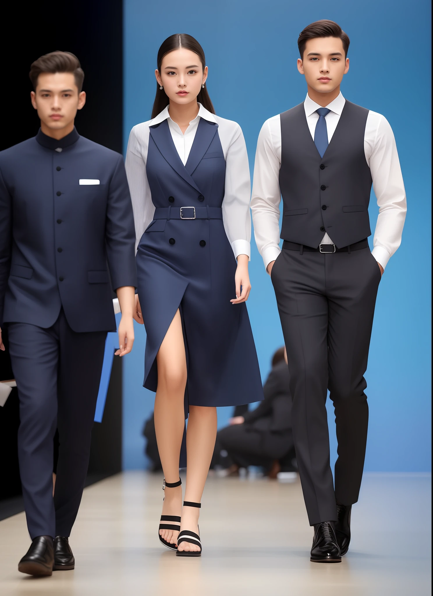 European style, office industry, professional uniform, fashionable style, clear lines, blue background, simple atmosphere, require a full set of effects, use more suitable models to show, walking on the catwalk, catwalk walking, stage walking, the front can see the overall effect, the customer wants the overall effect, the customer requires the front, the overall effect can be seen clearly, can see the style at a glance,