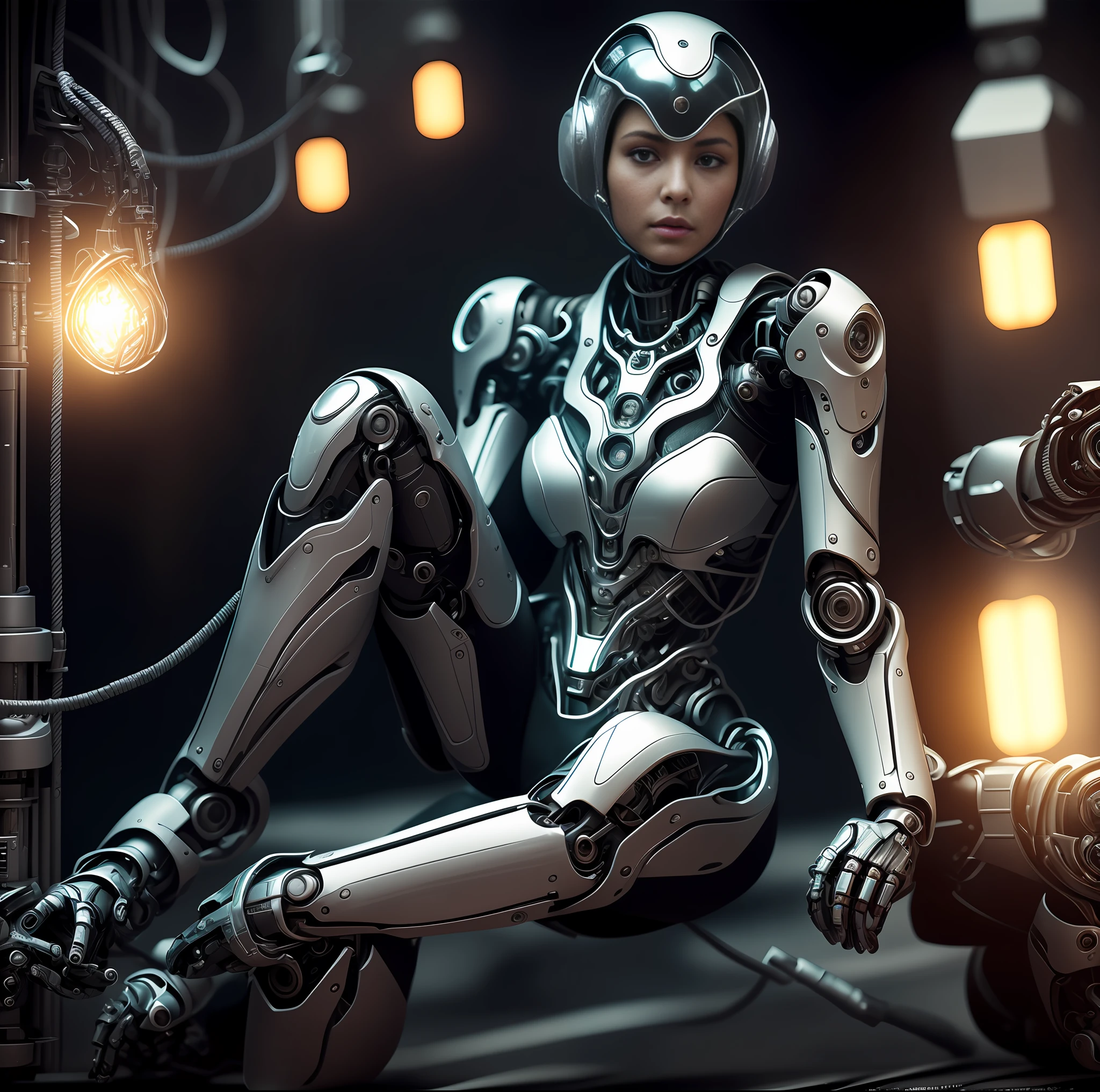 (Reel: 1.5), , complex 3D rendering ultra-detailed beautiful porcelain silhouette woman android face, cyborg, robot parts, 150 mm, beautiful studio soft light, edge light, vibrant detail, luxury cyberpunk, lace, surreal, anatomy, facial muscles, cable wire, microchip, elegant, beautiful background, octane rendering, h. r. Giger style, 8k, best quality, masterpiece, illustrations, an extremely refined and beautiful, very detailed, CG, unity, wallpaper, (realistic, photorealistic: 1.37), amazing, fine details, masterpiece, best quality, official art, very detailed CG Unity 8k wallpaper, robot, silver halmet, full body, sitting