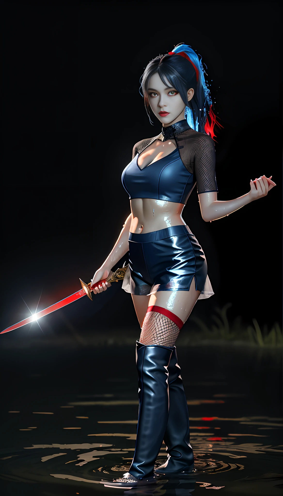 best quality}, {{masterpiece}}, {highres}, Perfect waist cut, Large breasts, Warrior girl with a small short sword on hand, Skimpy organza transparent clothes, organza elements on clothes, net clothes, leather glossy elements on clothes, dark blue hair with red highlights, (perfect nose), Seductive gaze, dark blue knee high boots on high heels with red highlights, (Best Illustration), 8k Resolution, Intricate Details, Best Quality, Realistic, Ultra Detailed, Best Lighting, Best Shadows, Ultra HD, A Necromancer style, Night, Magic, Dark Style, Vampire, (shining red eyes:1.6), masterpiece, high_res, Beautiful face, tyndall effect, photo realistic, (high detailed skin:1.2), 8k uhd, dslr, high quality, Photograph, high resolution, 4k, 8k, Bokeh, absurdres, ponytail contorted, best ratio four finger and one thumb, front view, dark blue hair gorgeous, perfect proportional skinny fitness body, full body view, wet skin, wet clothes, dark cathedral baground scenery, huge bobs, belly muscle, long fit perfect legs, fishnet dark red Stockings, realistic reflection in the water, very short and Skimpy clothes