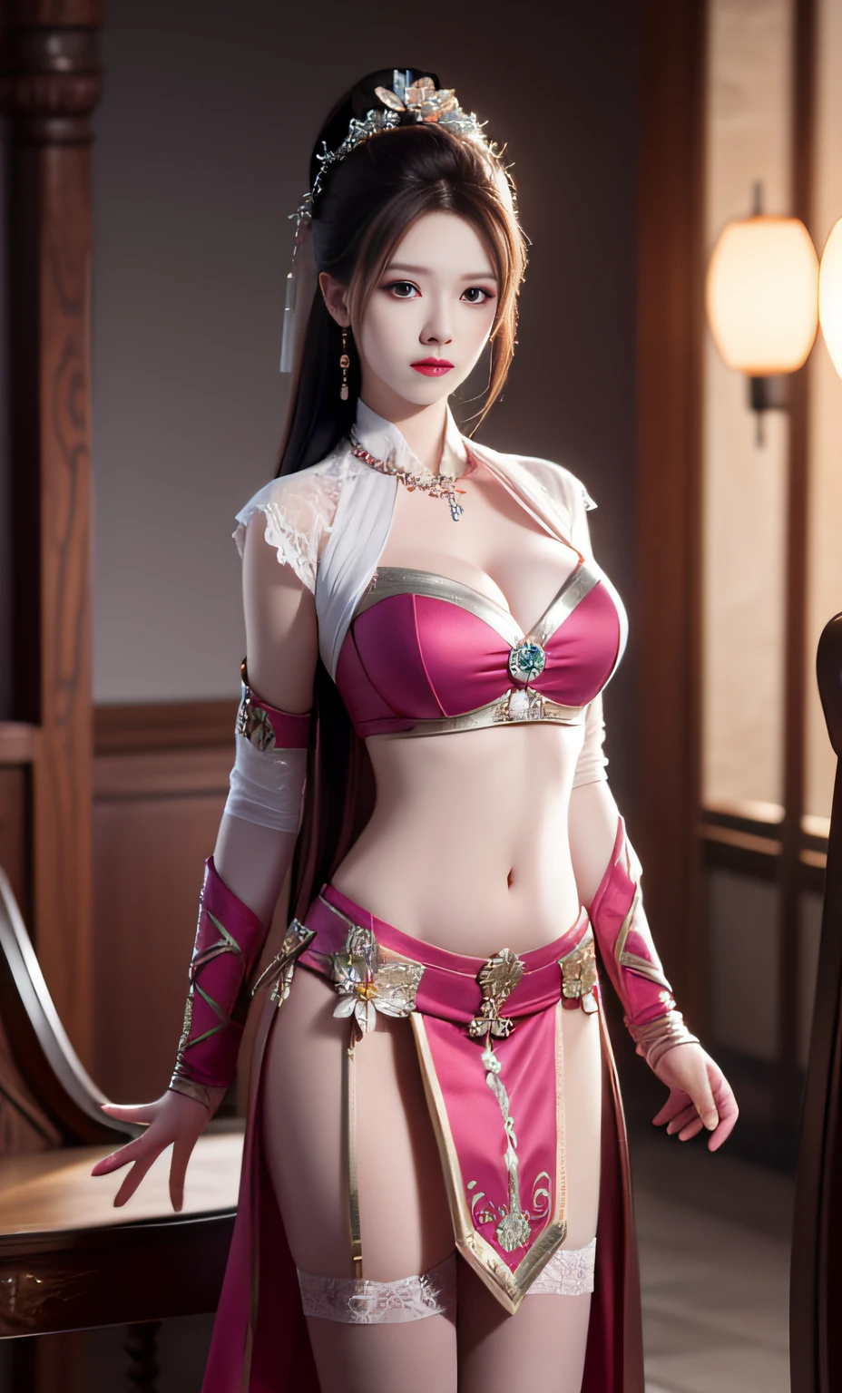 vampire, best quality in full body, masterpiece, high resolution, 1 girl, ancient armor, pink metal bikini armor, cape, chest pattern, single ponytail, hair accessory, necklace, jewelry, beautiful face, upon_body, belly exposed, arms exposed, tyndall effect, stockings, realistic, dark studio, edge lighting, duotone lighting, (high detail skin: 1.2), 8k ultra hd, dslr camera, soft lighting, high quality, volumetric lighting, frank, photos, high resolution, 4k, 8k, Yang Mi, lace stockings