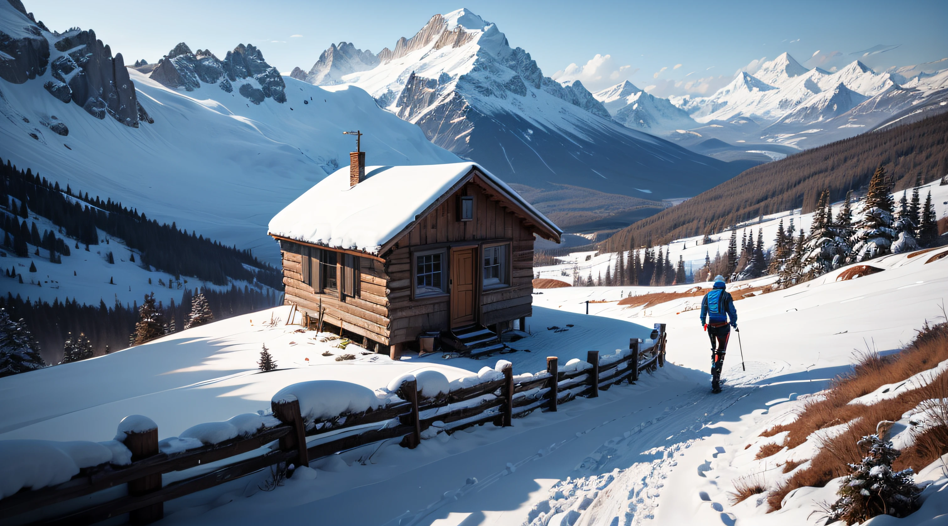 Man on his back, climbing a mountain, with snow, winter, wooden hut at the end of the course --auto