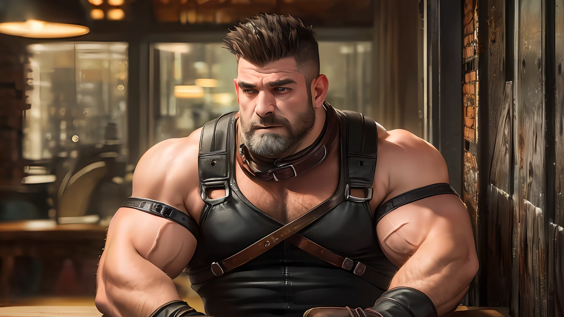 Multiple people, gay aesthetic, 8k, super detail, A portrait full body of two mid age 50 yo heavy truckers interacting each other bdsm gears, leather collar, harness, medium hair shaved sides, Strong, muscular, hairy big belly bodybuilder, jockstrap showing very hairy pubs groin area, bulge, leather boots, gloves, epic realistic, photo, faded, neutral colors, ((((hdr)))), muted colors, intricate scene, artstation, intricate details, vignette