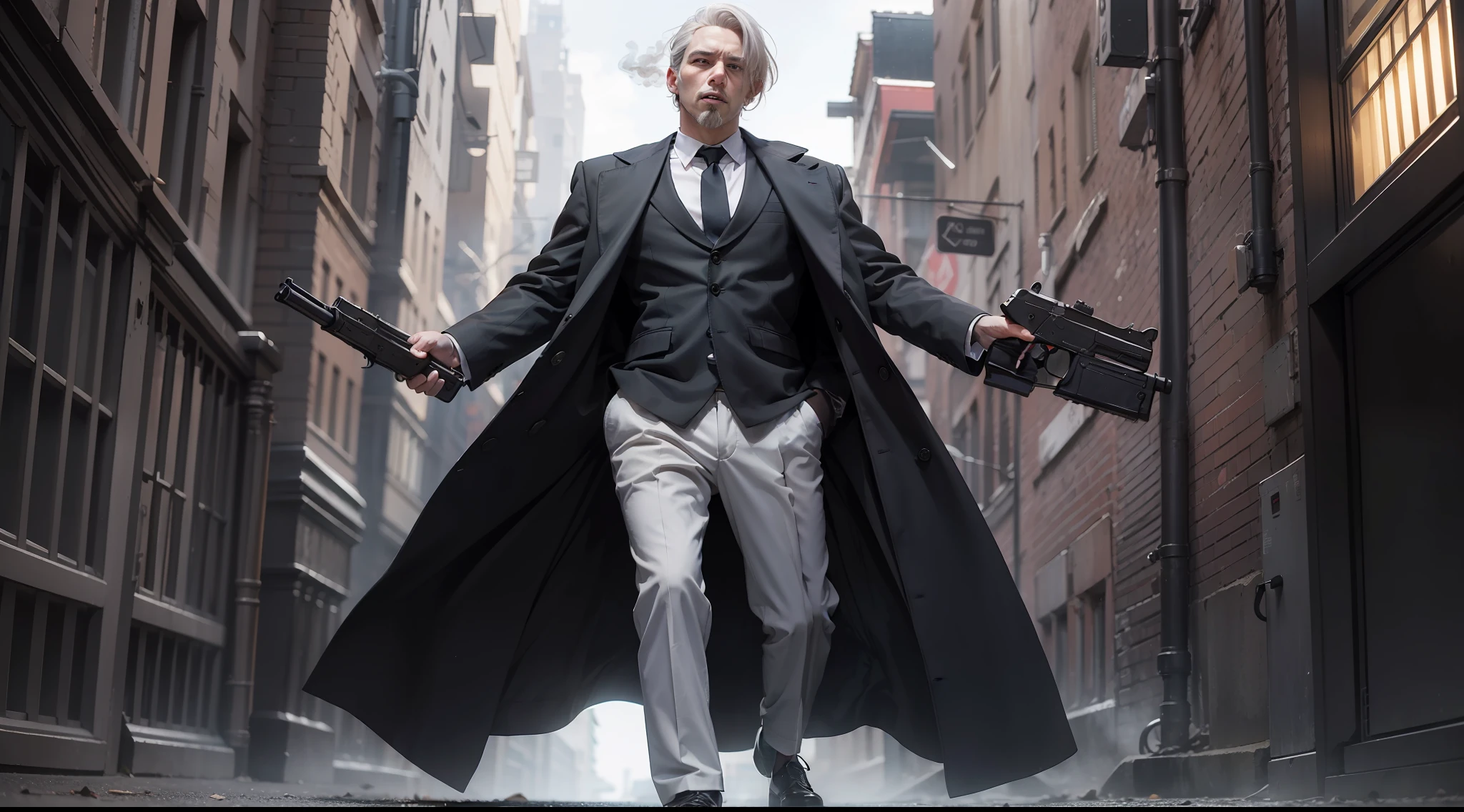 There is a man standing he is 45 years old, white hair parted in half without a beard dresses in a black overcoat suit, white shirt, gray vest and black pants, elegant, 20's style, peaky blinders, realistic, cigarette in his mouth with smoke, armed with a Tompson machine gun, holding gun in front of his body, full body image,  Evil look from below Stop up, Angry, furry, standing in a dark alley in the night, night scene like a thug on the prowl