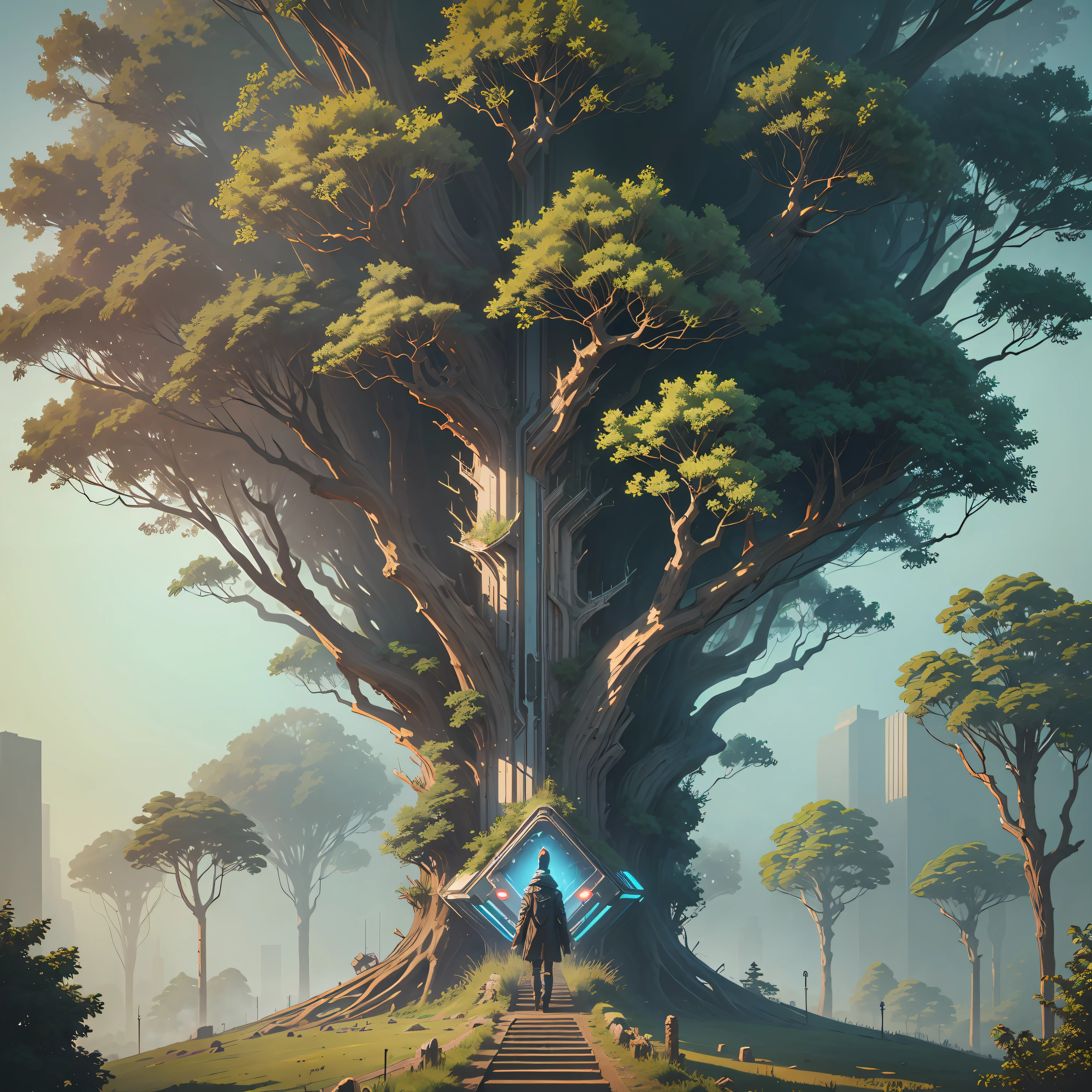Best quality, masterpiece, An ancient giant tree burning, with cyberpunk-style city ruins in the background --auto