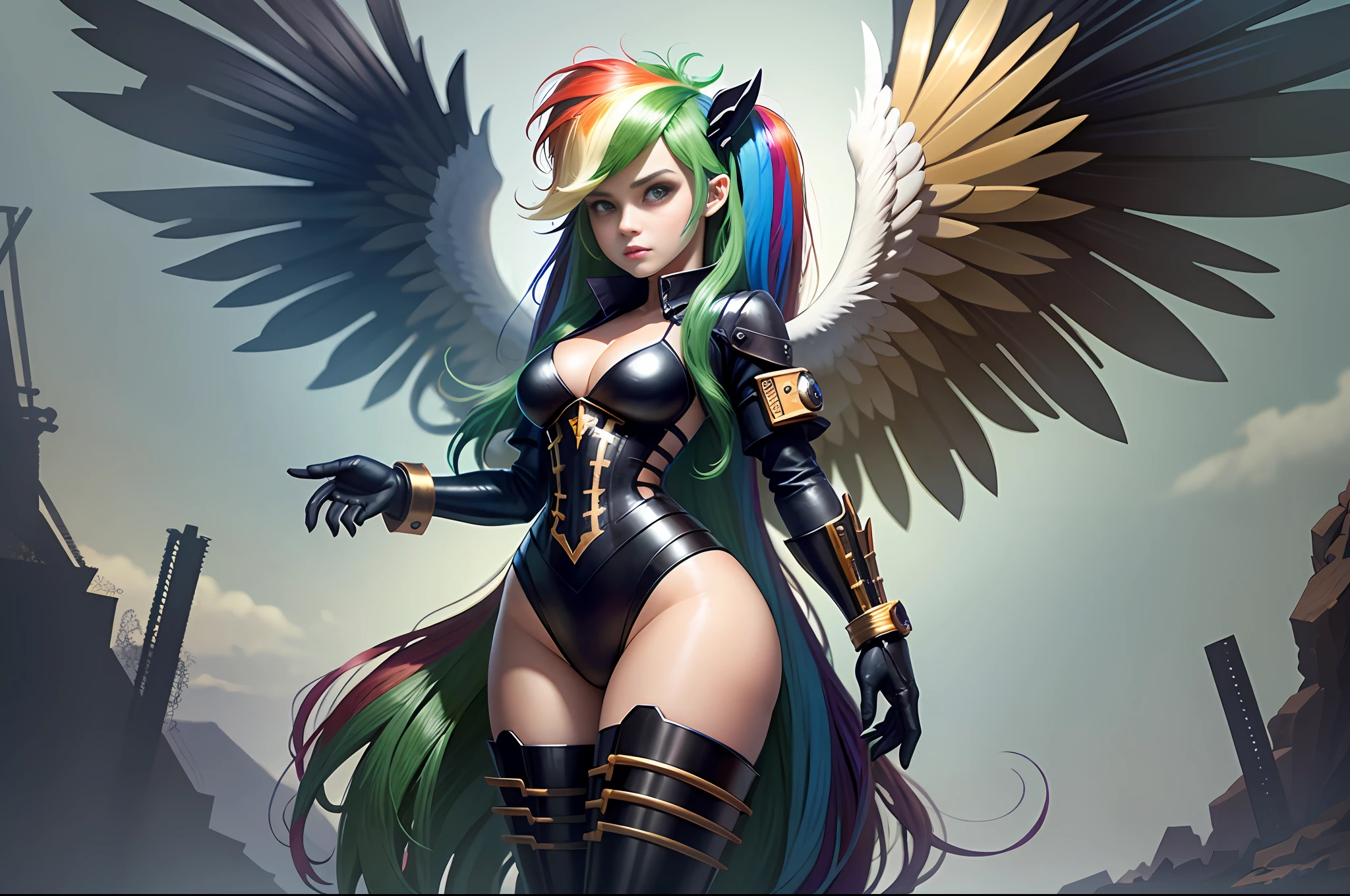 (Rainbow Dash), Rainbow Dash from \(my little pony\), Rainbow Dash in the form of a busty girl, humanoid, anthro, long hair, lush hair, steampunk, body from steampunk mechanisms, golden gears, not human, gear leather, red boots, full-length body view, detailed blue wings, big angel wings blue, steampunk style, a lot of magic, lightning nets, best quality, very detailed, ultra 8k resolution,( small details, masterpiece), large beasts, sexy, dynamic pose, half naked, (sfw), digital art, outdoor,