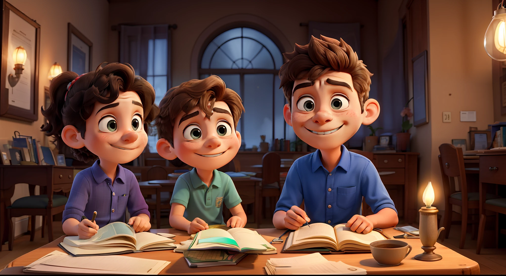 Boy, sitting at a wooden table in a cozy study. The room was filled with books neatly arranged on shelves, and a soft lamp illuminated the entire area. The boy was engrossed in his studies, flipping through several pages of the textbook and frowning intently. His parents stood by his side, silently encouraging and supportive. With a smug smile on his face, the father occasionally leaned over and pointed to something in the textbook to offer additional explanations. The mother holds a cup of warm tea and watches intently, ready to help or answer any questions that may arise. The room was filled with a quiet and studious atmosphere, and the three embraced the joy of studying together.