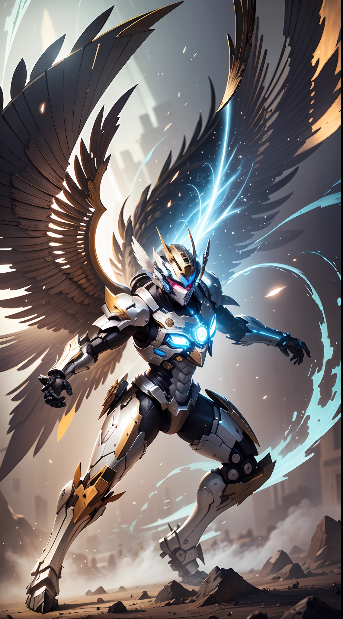 Steampunk style, cool colors, cinematic effects, huge sci-fi mecha, blue eyes through the metal mask, white-gold mecha with strong metallic luster, metallic wings on the back, wings are feathers and layered, holding Fang Tianji, Fang Tianji particle light, Fang Tianji particle special effects, aesthetic, scattered, battle posture, combat posture display, super details, perfect details, 8K, top painting, feature article, Studio environment, concept art, epic composition with HD details, metallic texture and tension composition, Hyper-realistic, ultra-realistic, detailed, 3D. C4D,