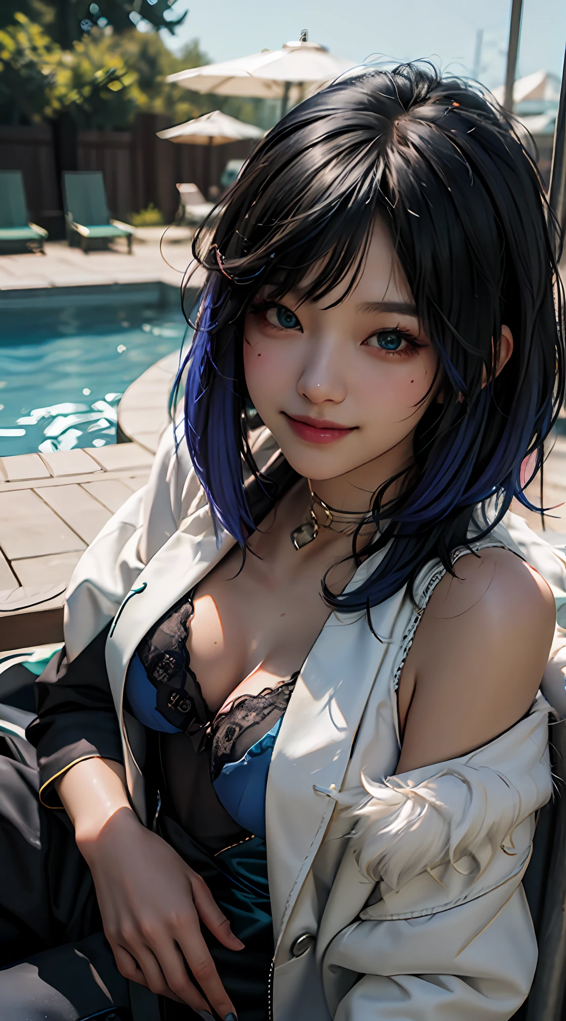 Best quality, masterpiece, ultra high res, (photorealistic:1.4), raw photo, 1girl, off shoulder, cinematic lighting , yelan \(genshin impact\),best quality, ultra high res, (photorealistic:1.4), (depth of field:1.4), (pov:1.2),(looking at camera:1.4), (symmetry:1.2), (portrait:1.4), (close-up:1.2), [:(detailed face:1.2):0.2] ((thin bworn lips)), (aegyo sal:1.4), (smile:1.3), loose coat, white fur collar coat, trimmed coat, black and blue spot bra, 1 girl, ((Shiny skin)), voluminous hair, blue hair, short hair, bright green eyes, (detailed eyes:1.2), medium chest, 1mole on chest, (sexy jumpsuit) macro fishnets, (long black trousers), (8k, RAW photo, best quality, masterpiece:1.2), city, in pool, focus on face, white skin, half body, close up, bokeh, bloom, (ulzzang-6500:0.4)