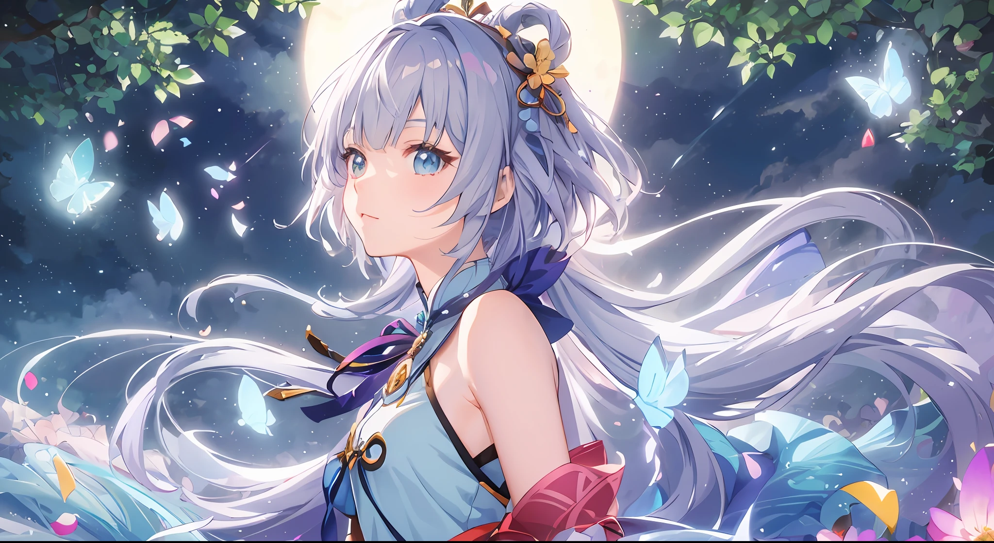 A woman with long hair and flowers on her hair, anime moe art style, official artwork, Ayaka Genshin impact, night core, cute anime waifu wearing beautiful clothes, anime vision of cute girls, splash art anime loli, clean detailed anime art, anime style 4 K, detailed digital anime art, anime fantasy illustration, high detail official artwork, farewell