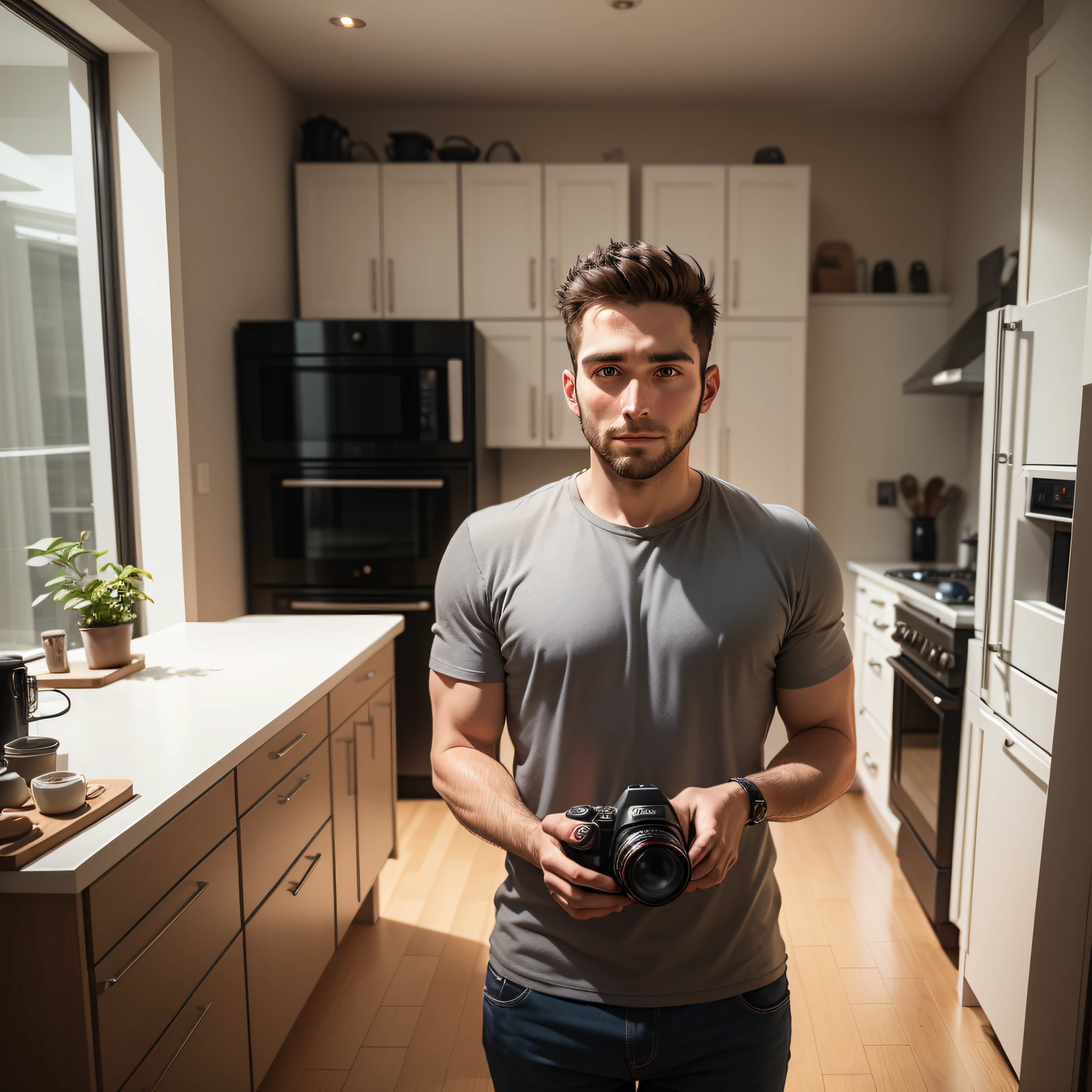 30 year old man looking at the photorealistic camera in the kitchen of his house --auto