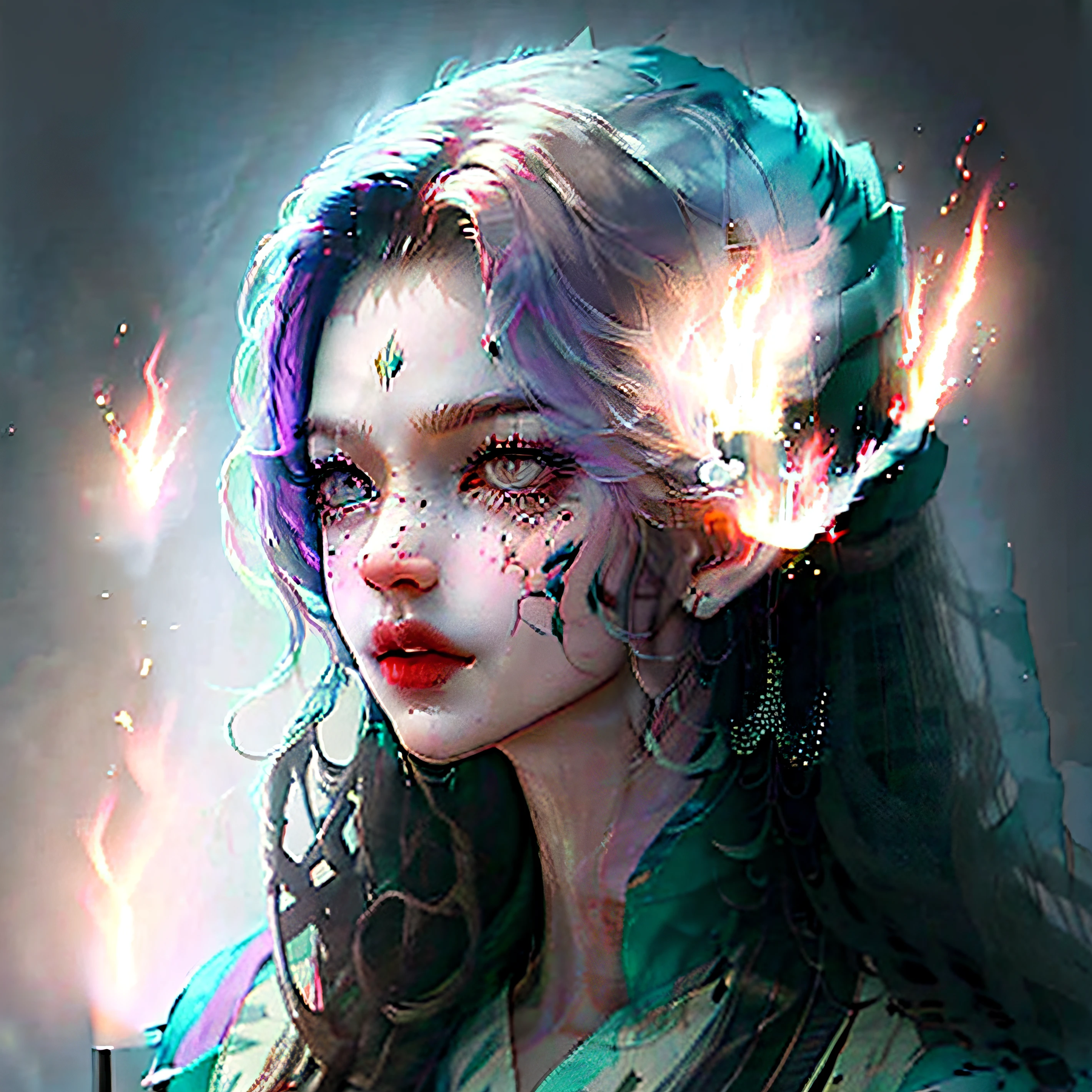 Art, with a girl, flowery clothes, bright light eyes, with burning background, in 4k, detailed, thin face, thick eyebrow, smoky, pitura, elf. --auto