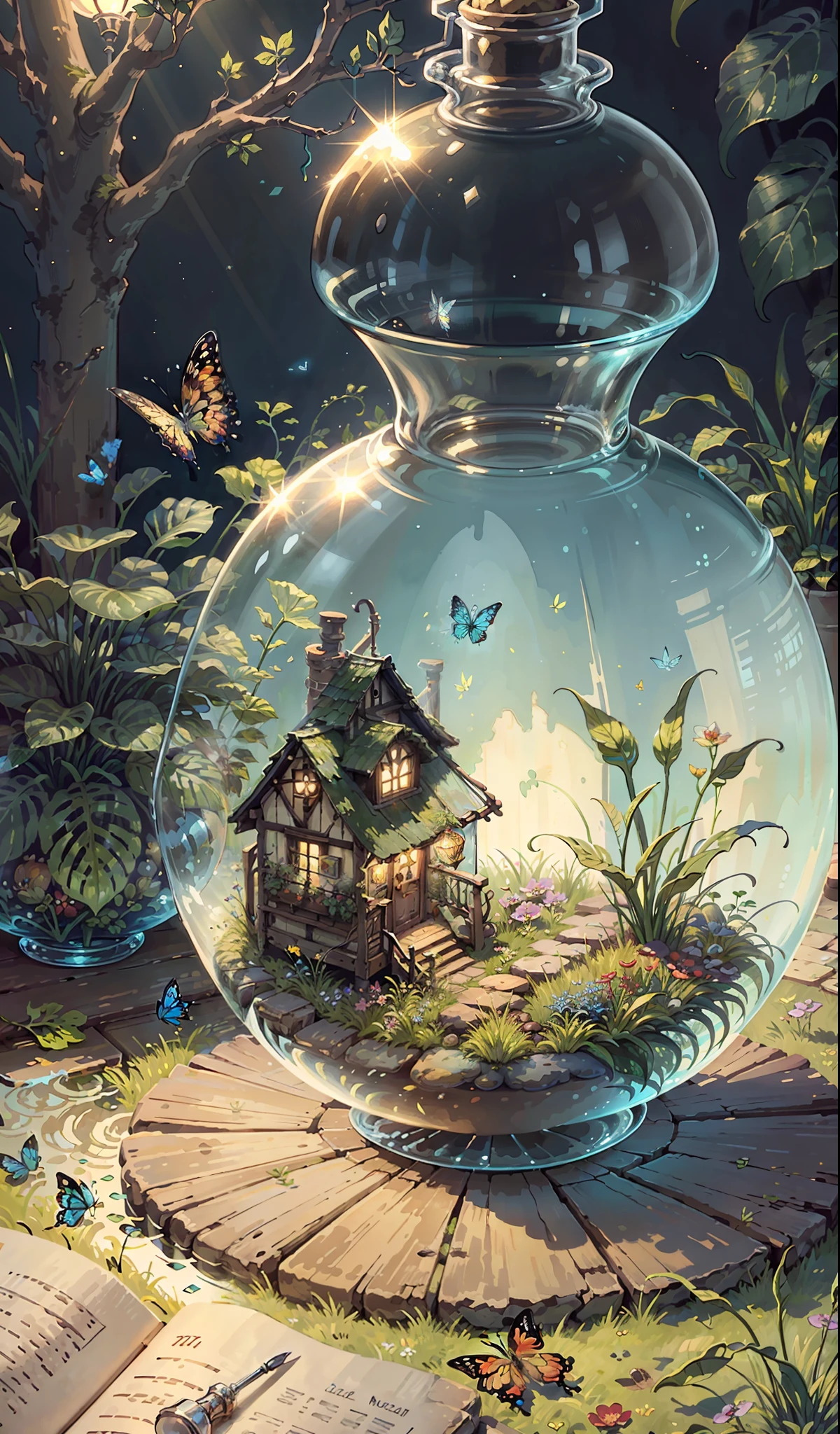 (Masterpiece, Best Quality: 1.2), (Super Detail), (Illustration), Wallpaper, Original, Round Bottom Flask, Grass, Vine, Water, Butterfly, Nature, Shining, Surrounded by Light, Terrarium, RPG Style, Cartoon, Fantasy, Mobile Game, (Shining)