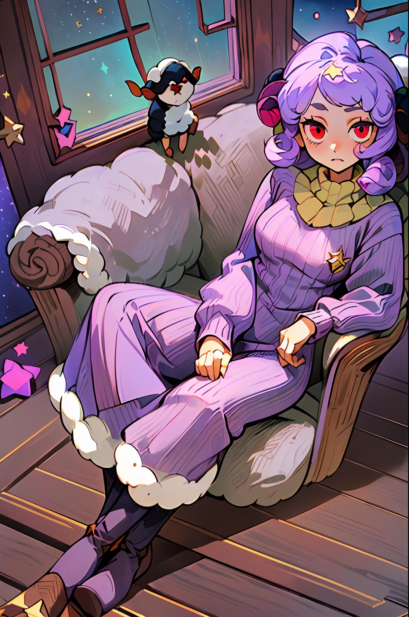 ((A Girl with sheep features):1.5) ,curly hair, (wearing a lilac wool sweater:1.4), ((red eyes):1.3),jeans, black boot, looking at the viewer, ((in the (star room) , dark plank floor, sitting in the (armchair/asymmetrical) window behind):1.6), arms propped up on the armchair