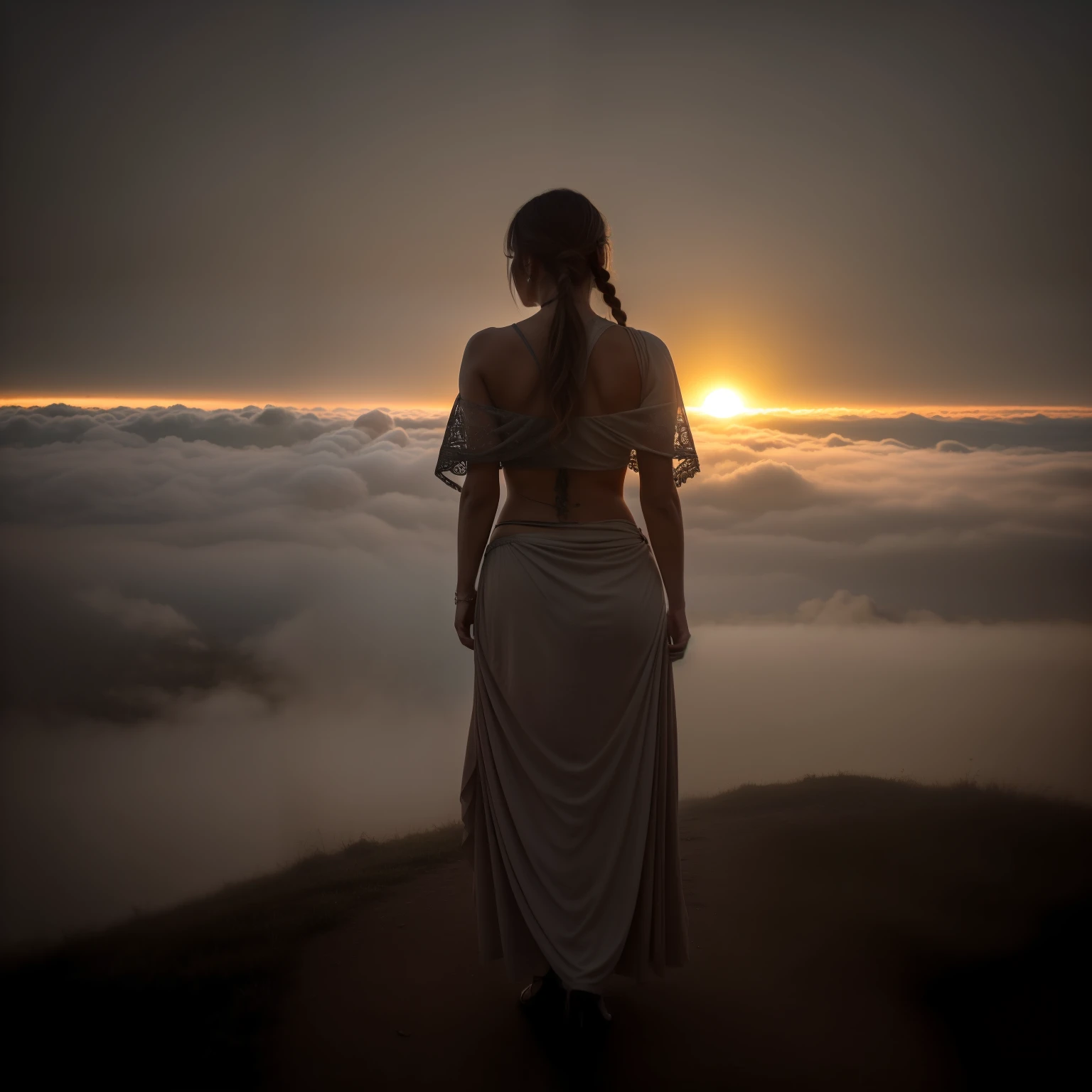 25-year-old woman belly dance on mountain watching the sunrise, trail, ((a realistic full-body photo)), ((American plane)), native, natural skin texture, wrinkles, dirty skin, 24mm, 4k textures, dirty skin, soft cinematic light, adobe lightroom, photolab,, detailed braided pigtails, tattoos, masterpiece, (happy), (coast to observer: 1.1), (beautiful red nails), (perfect hands), realistic pubic hair, forest, best quality, real photo, (detailed lighting: 1.2), (beautiful detailed brightness: 1.3), belly dance, veil, deep back neckline, intricate, soft and sharp focus, Epic Realistic, (HDR:1.4), humidity, (fog), ((fog)), fog, (muted colors:1.4), neutral colors, night, dusk, ((dark)) Refractions of Screen Space, (Intricate Details, Hyperdetailed:1.3), Cinematic Photo, Vignette, Dark Colors, Vampire Hunter