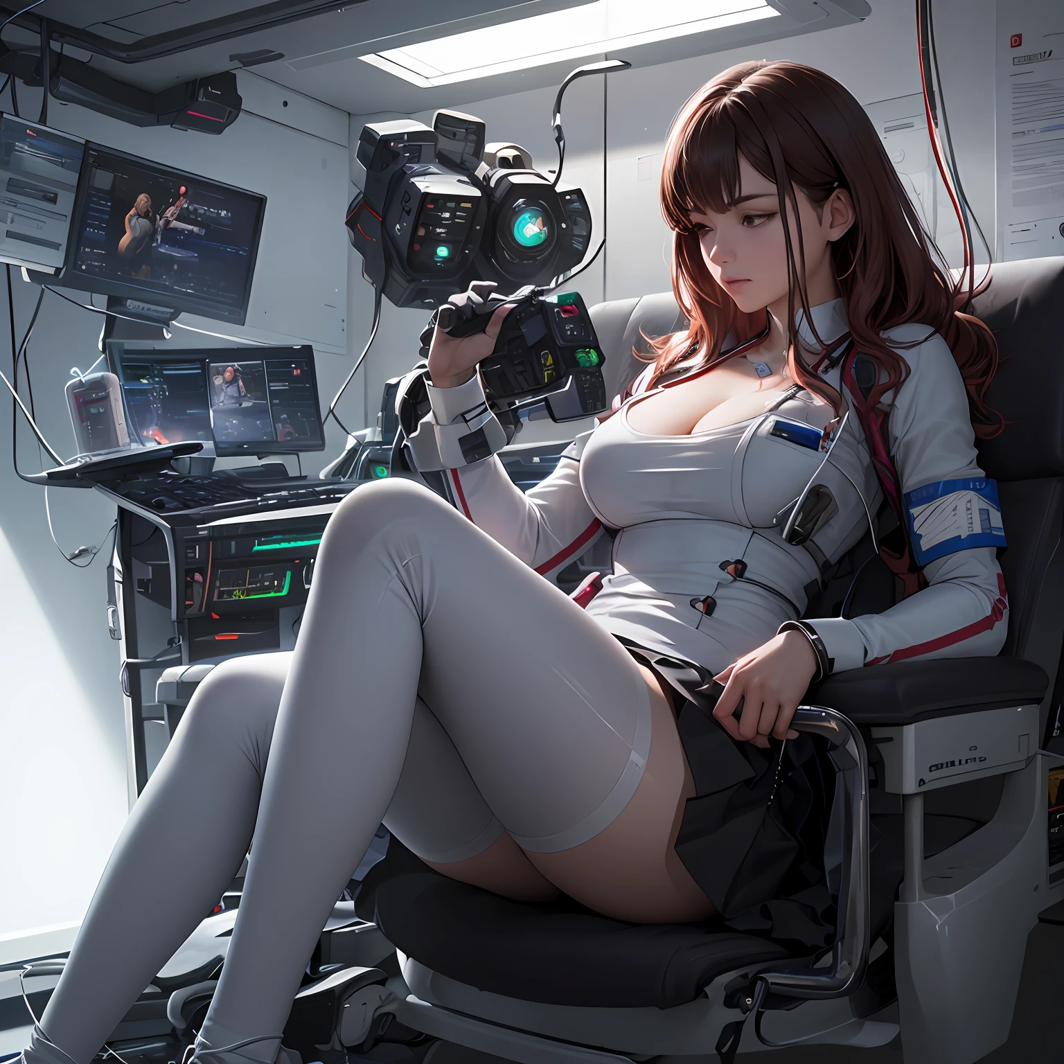 ((best quality)), ((masterpiece)), ((realistic)), (detailed), (realistic:1.5), a futuristic girl, (thick body), (white tights), (short skirt), mecha girl sleeping on a nursing bed, charging with wires plugged in her body, sustaining life on energy batteries, 20 years old, wearing a medical stethoscope, sexy sleeping pose, seductive pose, dynamic pose, dynamic shots, alloy cuirass, a lot of wires wrapped around her body, binding, she wears sexy lace mecha trousers, Wearing pink Gundam lace pajamas, brown hair, semi-mechanical pajamas, sexy mecha suit, latex full-body tights, black silk, holding a super huge medical syringe in his hand, next to how many medical props, medicine boxes, medical equipment, surgical props, huge power generation batteries are glowing, lightning beating, flowing electrical energy flowing in blood vessels, in hospital operating rooms, science fiction, HDR, ray tracing, NVIDIA RTX, super resolution, Unreal 5, subsurface scattering, PBR textures, Post Processing, Anisotropic Filtering, Depth of Field, Maximum Sharpness and Acutance, Rule of Thirds, 8K Prix, (Glow Particle: 1.4), (Very Detailed CG, Unity 8K Wallpaper, 3D, Cinematic Lighting, Lens Glow), Reflection, Sharp Focus, Cyberpunk Art, Cyberpunk Architecture, --auto